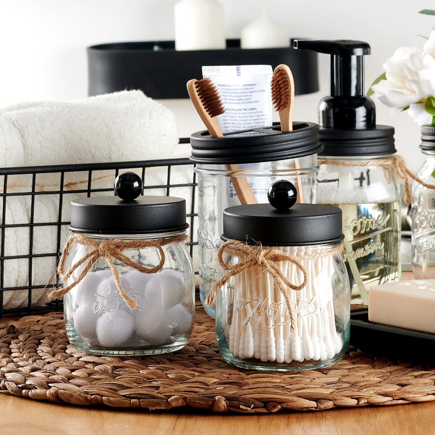 SheeChung Apothecary Jars Set Mason Jar Decor Bathroom Vanity Storage Organizer Canister Premium Glass Qtip Holder Dispenser for Cotton Swabs Ball-Stainless Steel Lid (Black  2-Pack)