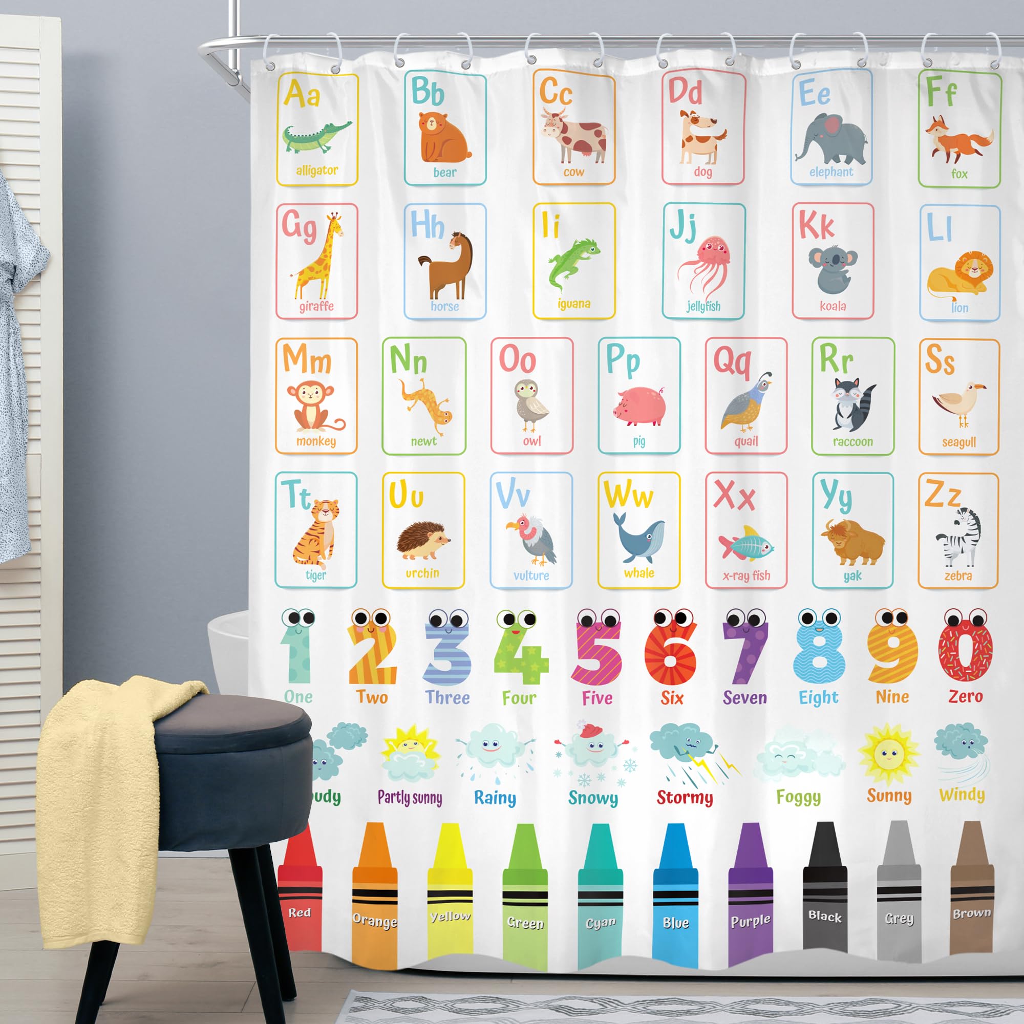 Cinbloo Alphabet Abc Kids Shower Curtain 60Wx72H Children Cartoon Cute Animal Colorful Educational Bathroom Curtain Set Number L
