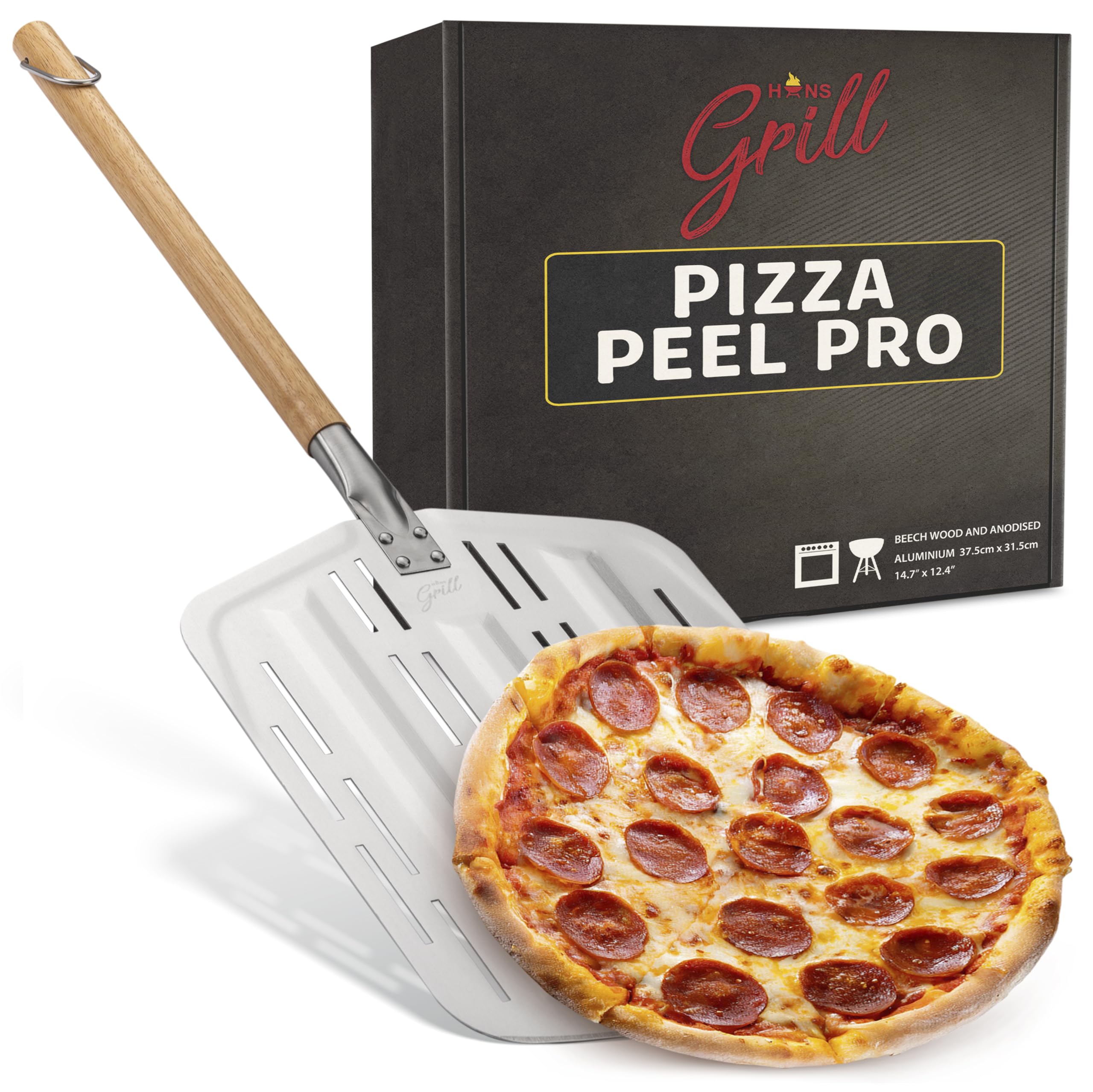Hans Grill Pizza Peel Pro | Made For Xl Pizza 12 Inch + | Professional Restaurant Grade Perforated Metal Non-Stick Paddle For La
