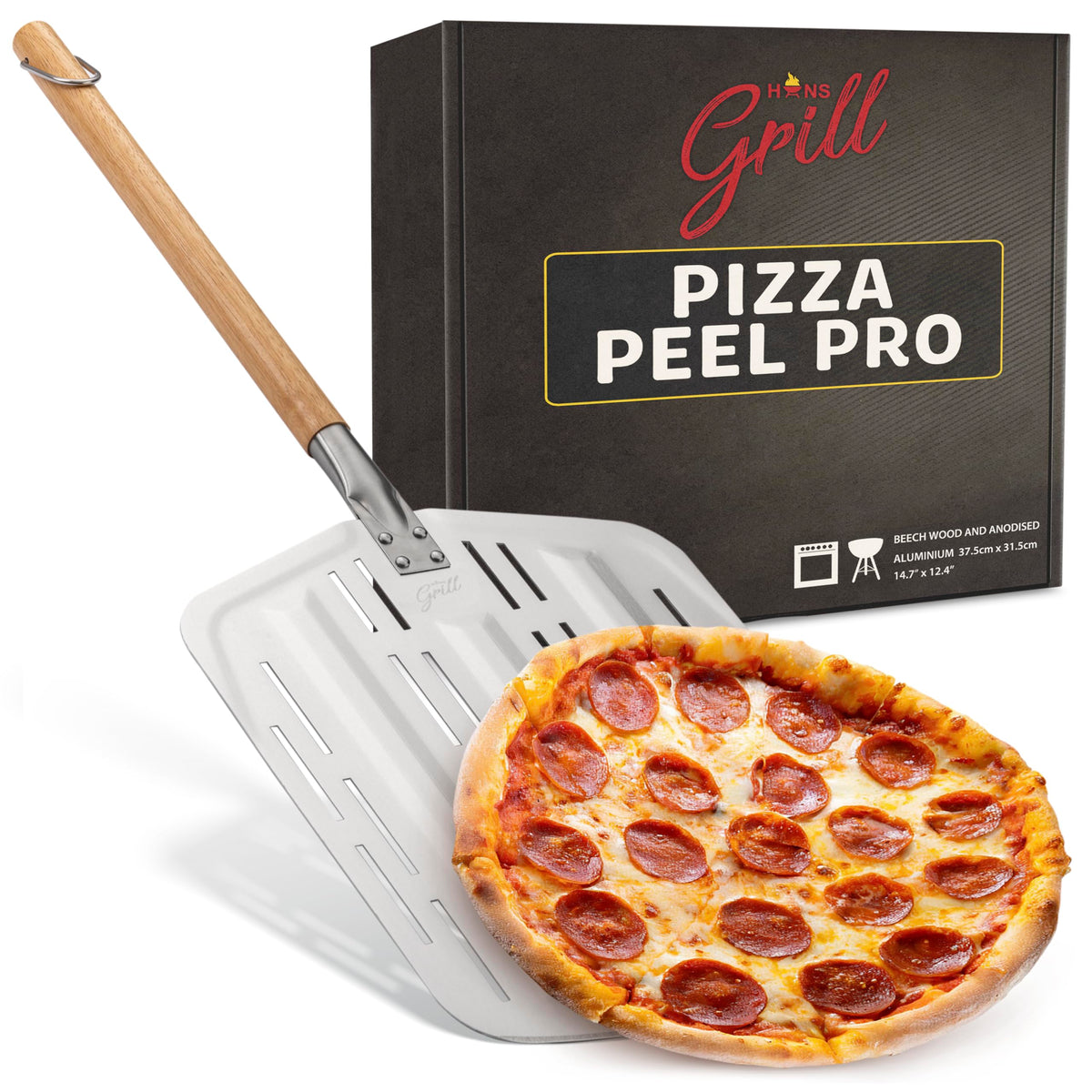Hans Grill Pizza Peel Pro | Made For Xl Pizza 12 Inch + | Professional Restaurant Grade Perforated Metal Non-Stick Paddle For La