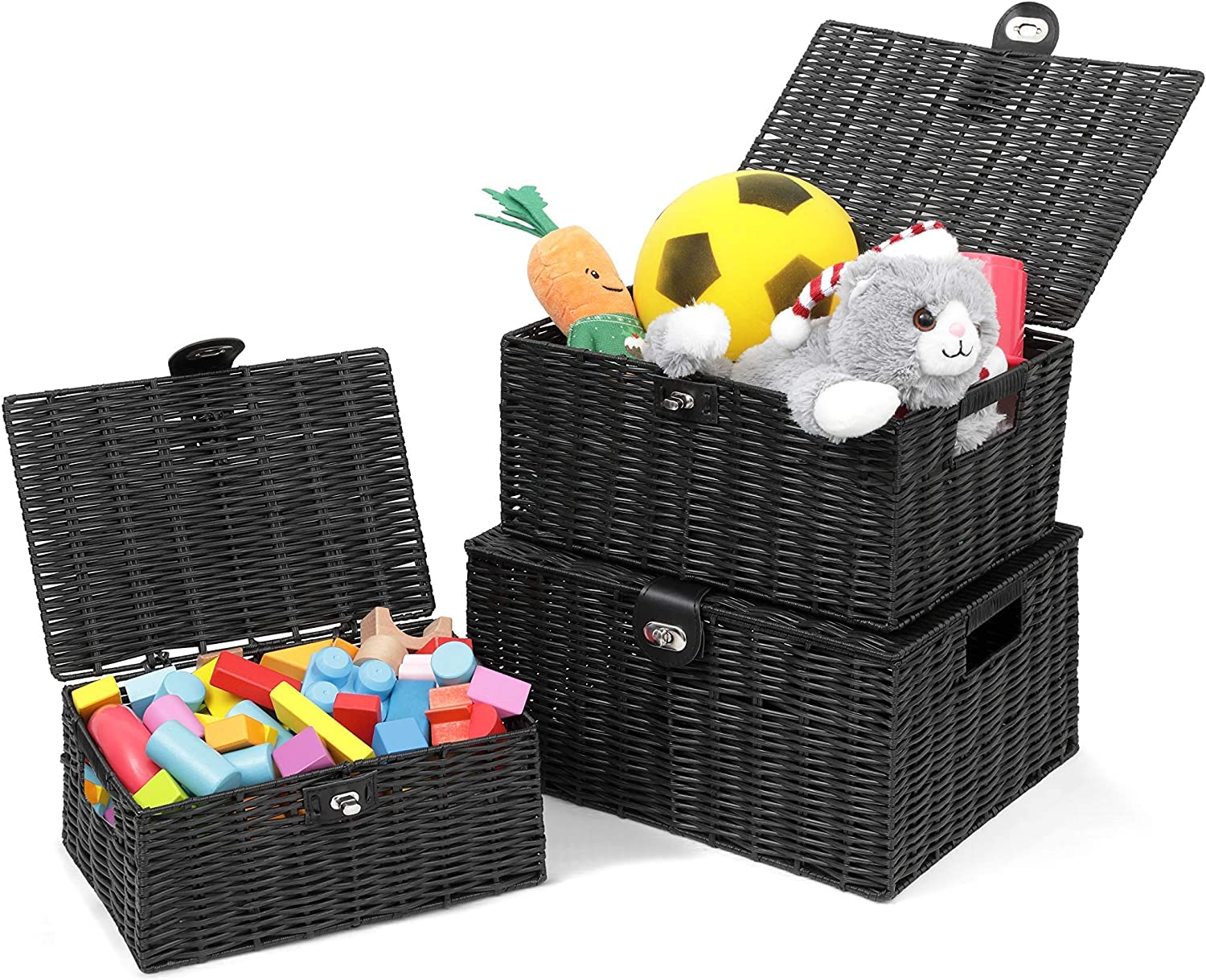 Honygebia Black Wicker Storage Baskets - Set Of 3 Decorative Nesting Boxes With Lids, Woven Basket With Lock & Handle, Organizer
