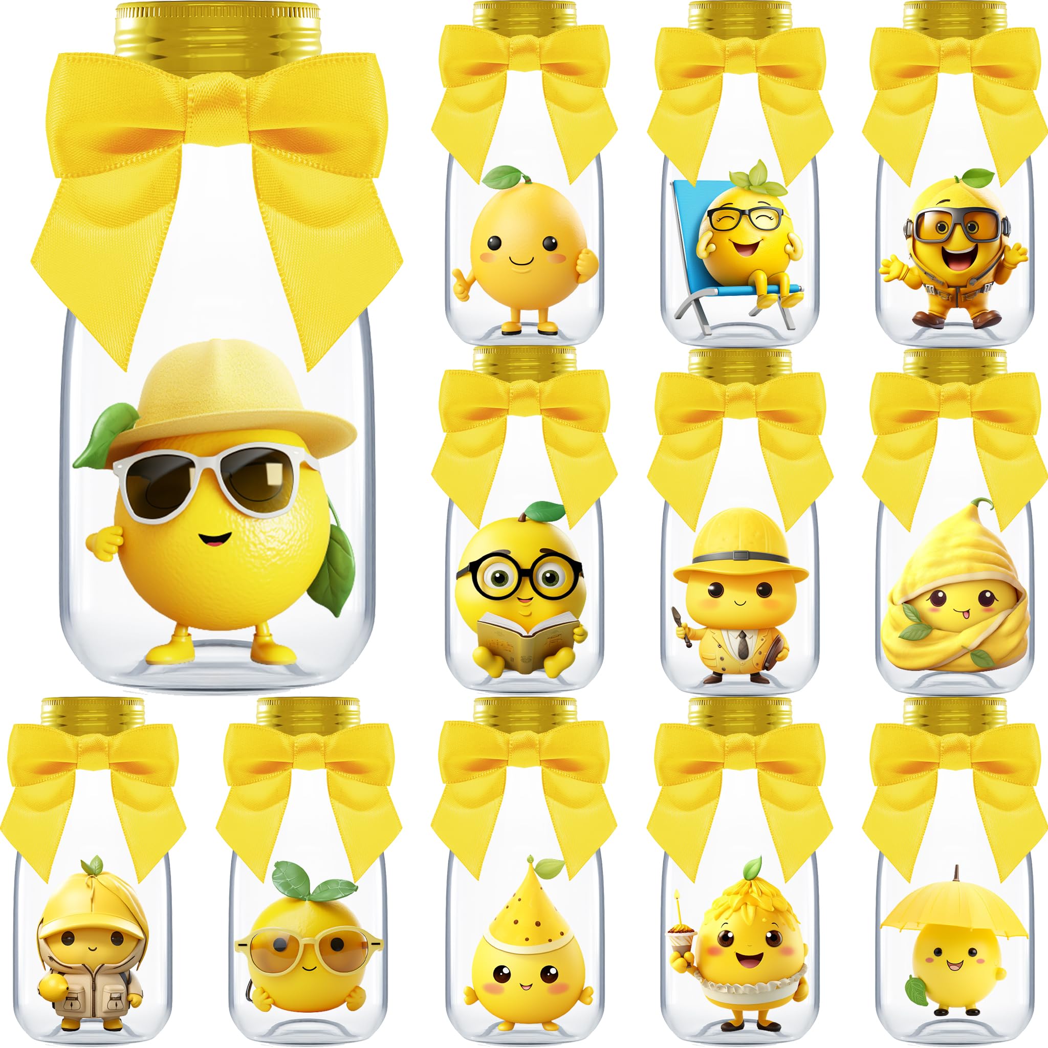 Ethisa Small 12 Pack Lemon Party Favors - DIY Candy Jars with Ribbons and Stickers - Party Decoration Bottles for Wedding, Birth