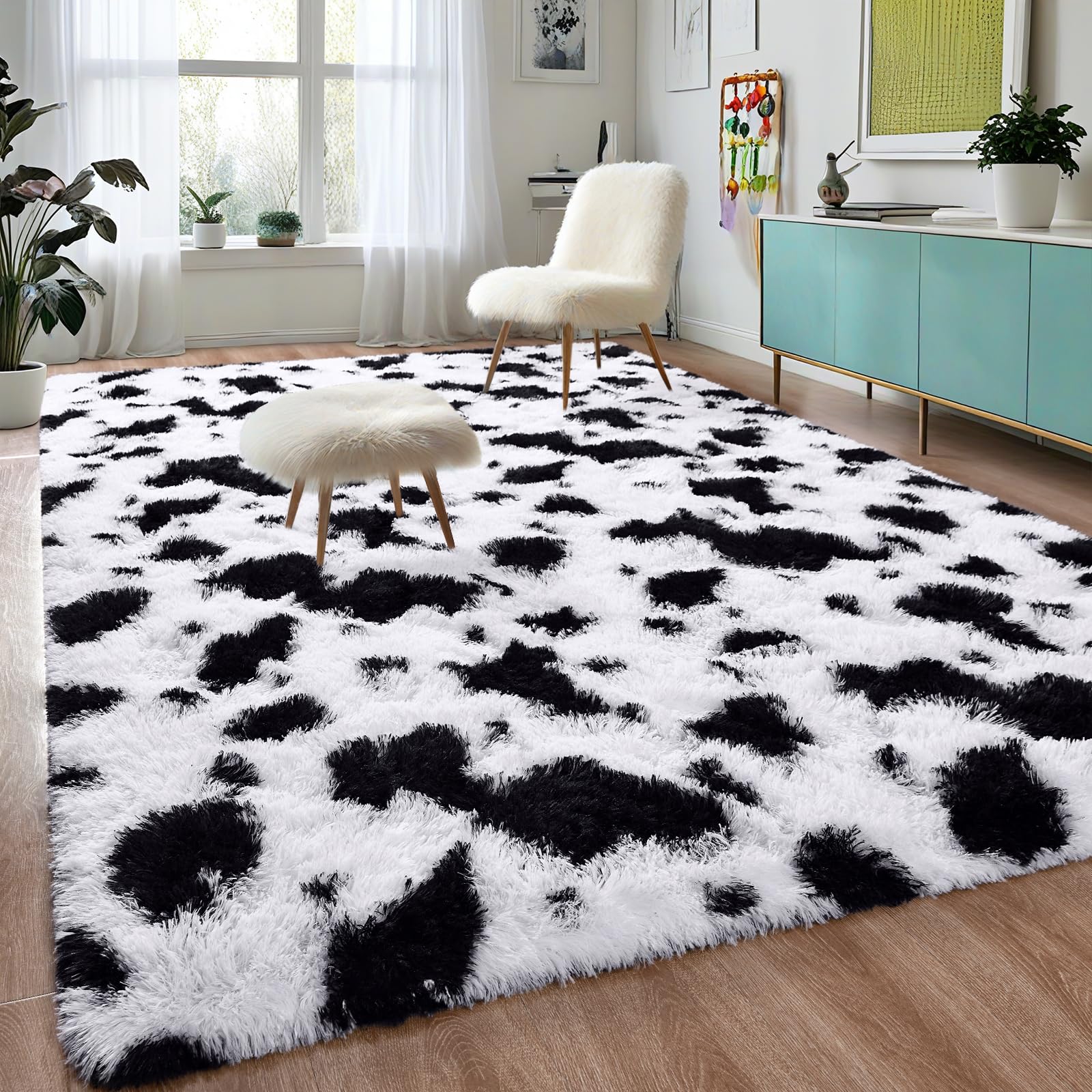 DweIke Super Soft Shaggy Rugs Fluffy Carpets, 5x8 Feet, Cow Print Rug for Living Room Bedroom, Fluffy Rug for Girls Kids Room, S