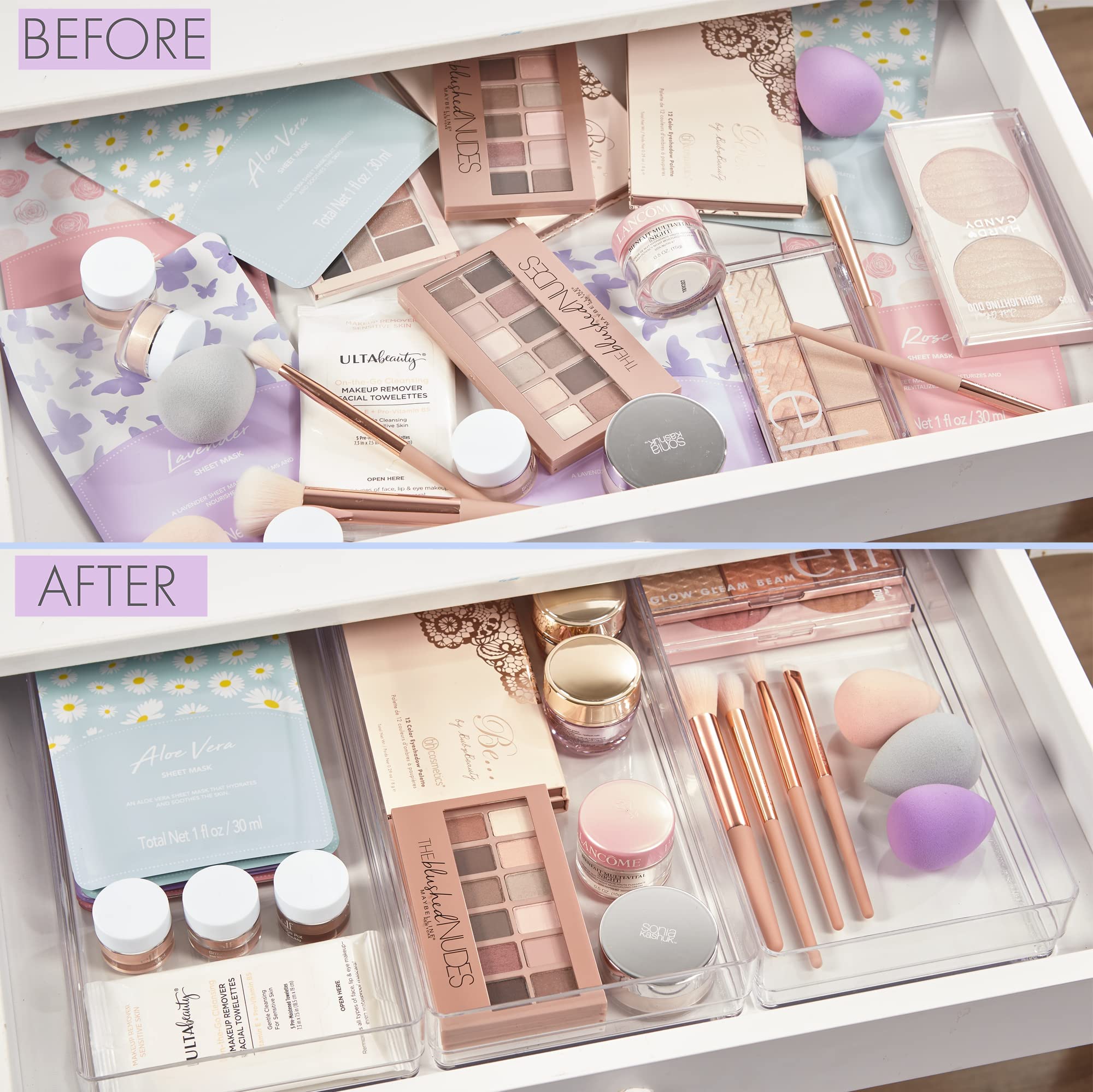 STORi SimpleSort 3-Piece Stackable Clear Drawer Organizer Set | 12'' x 6'' x 2'' Rectangle Trays | Wide Makeup Vanity Storage Bi