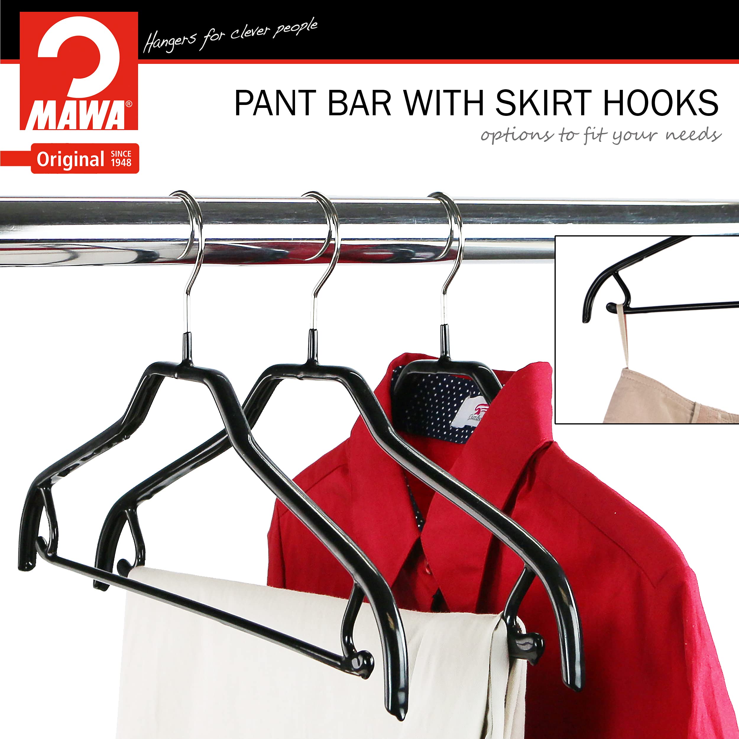 Mawa by Reston Lloyd Silhouette Series Non-Slip Space Saving Clothes Hanger with Bar & Hook for Pants and Skirts  Style 41/FRS  Set of 12  Black