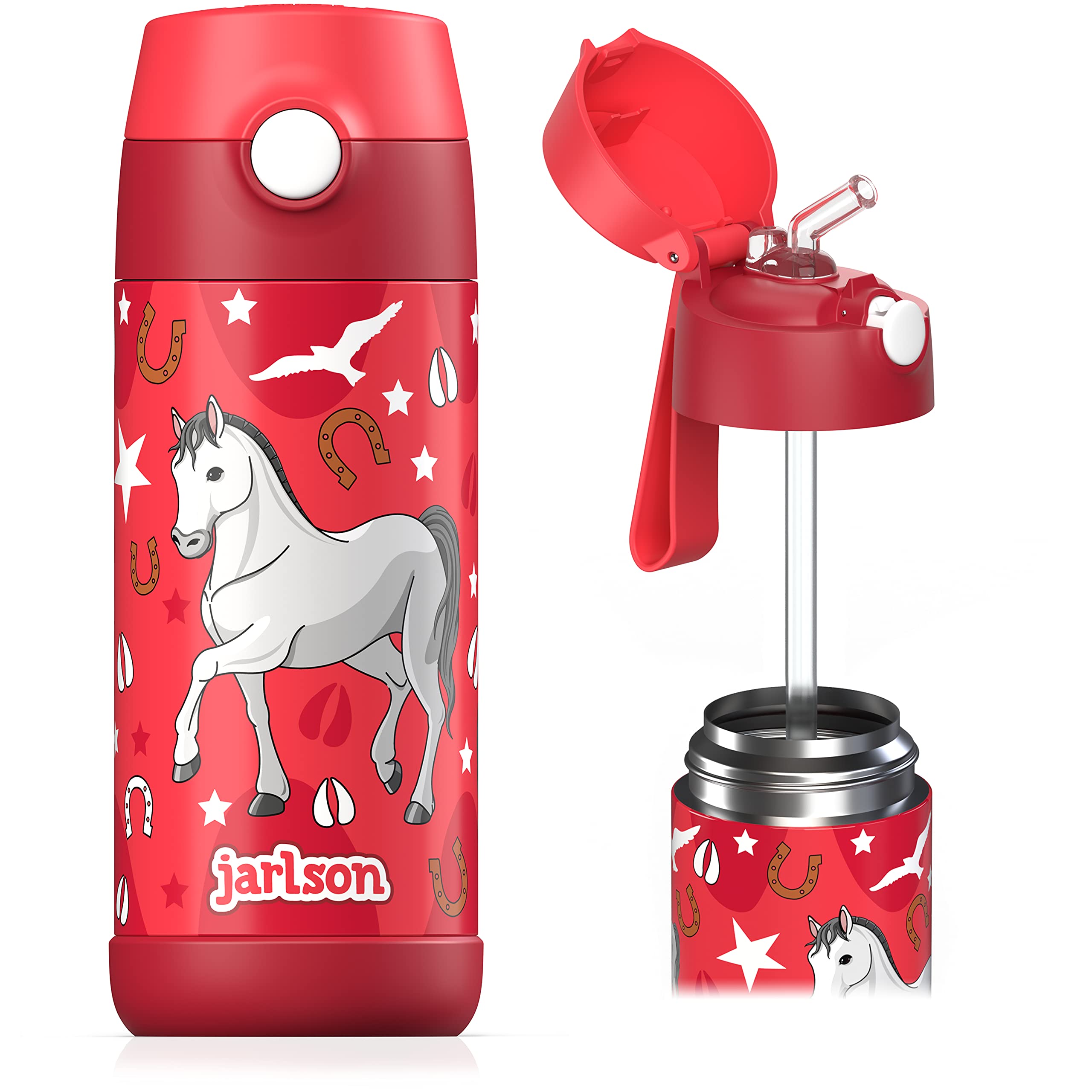 JARLSON kids water bottle with straw - CHARLI - insulated stainless steel water bottle - thermos - girls/boys (Horse Star, 12 