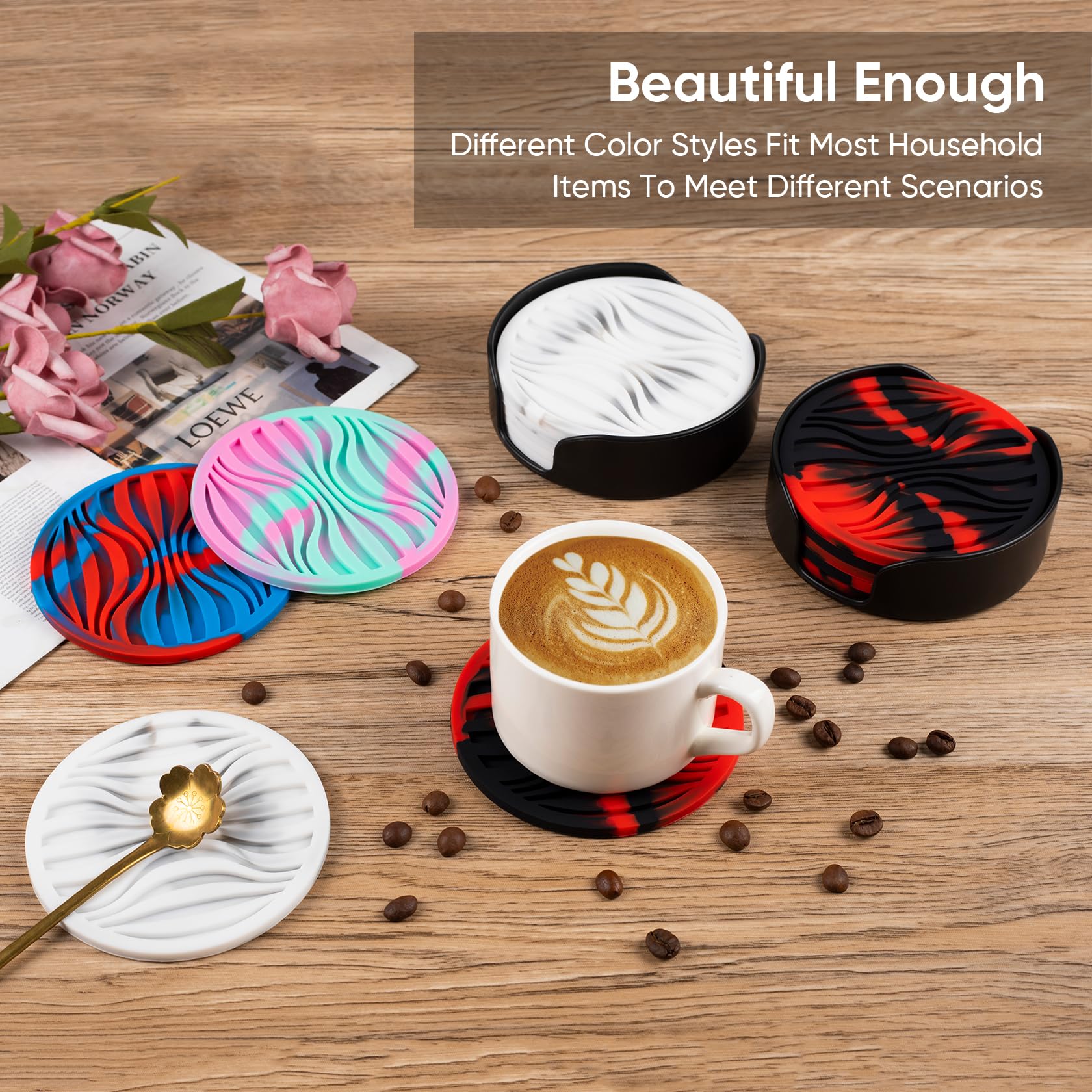 Kehouxre 6 Pack Drink Coasters,Coasters For Drink With Holder,Non-Slip Silicone Coasters,Rubber Coasters Live For Hot Or Cold Dr