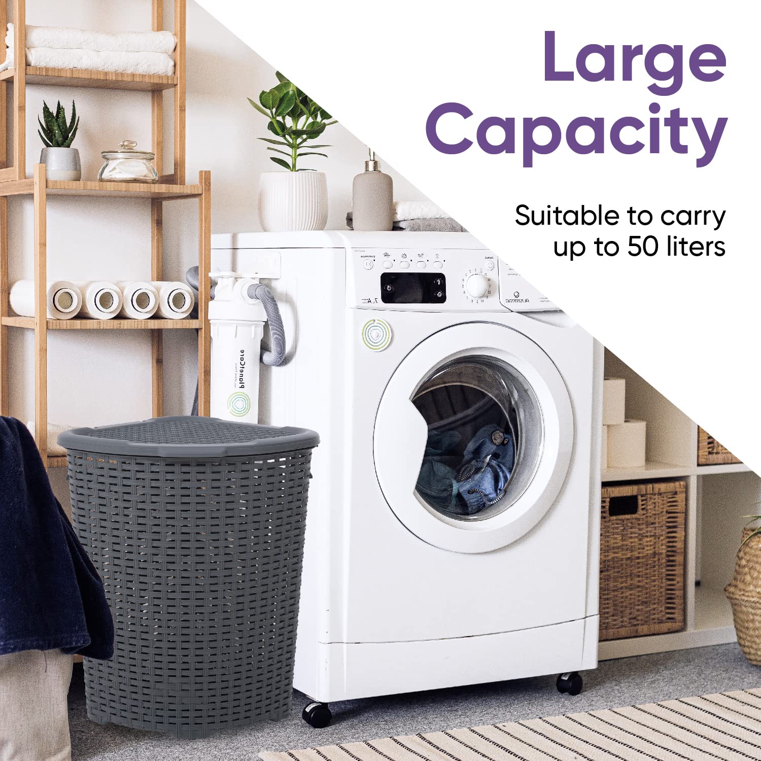 Superio Corner Laundry Hamper Basket With Lid 50 Liter - Grey Wicker Hamper - Durable, Lightweight Bin With Cutout Handles, Stor