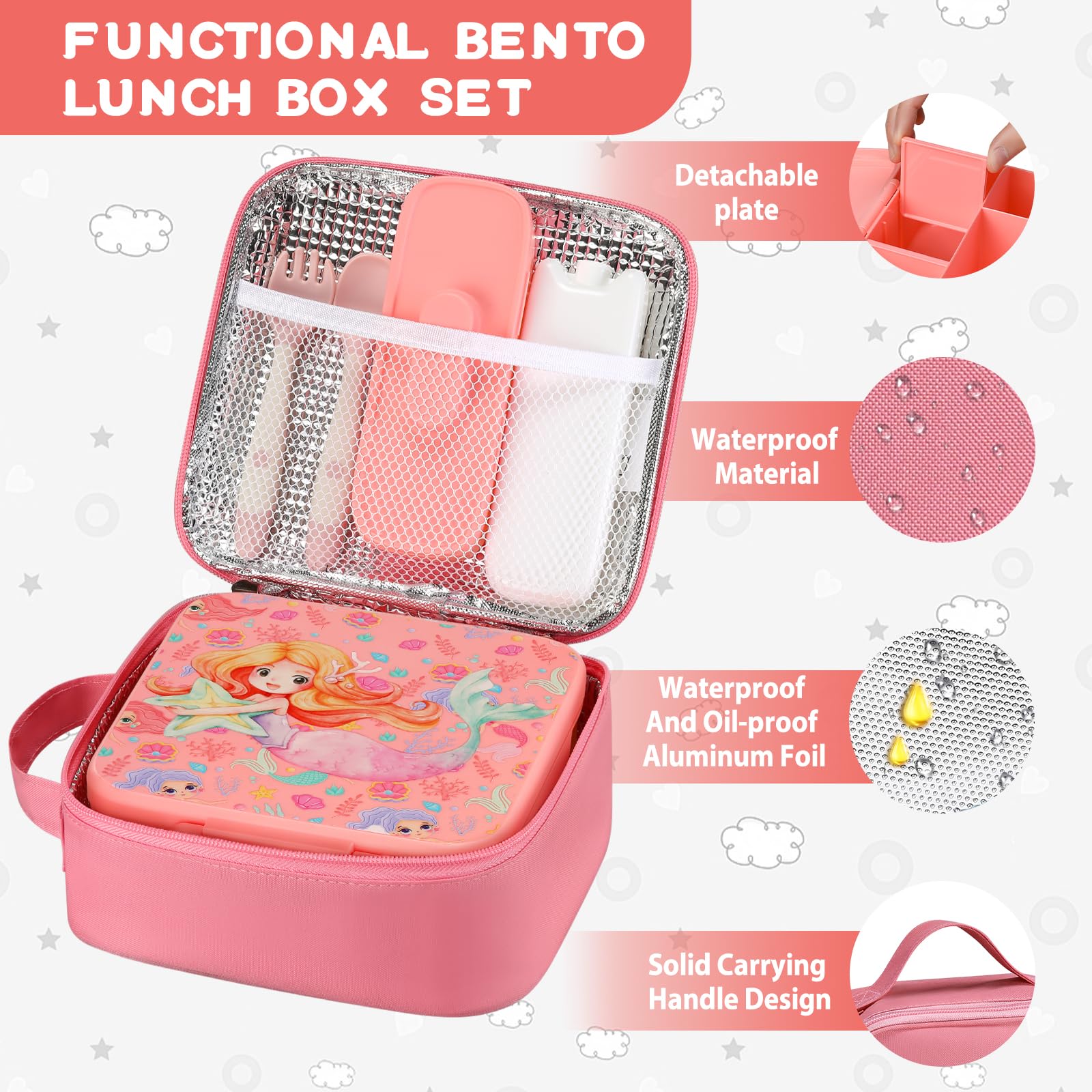 MAISON HUIS Kids Bento Lunch Box Set, 5 Compartment, BPA Free, Pink Mermaid, Includes 8oz Soup Thermo and Insulated Lunch Bag
