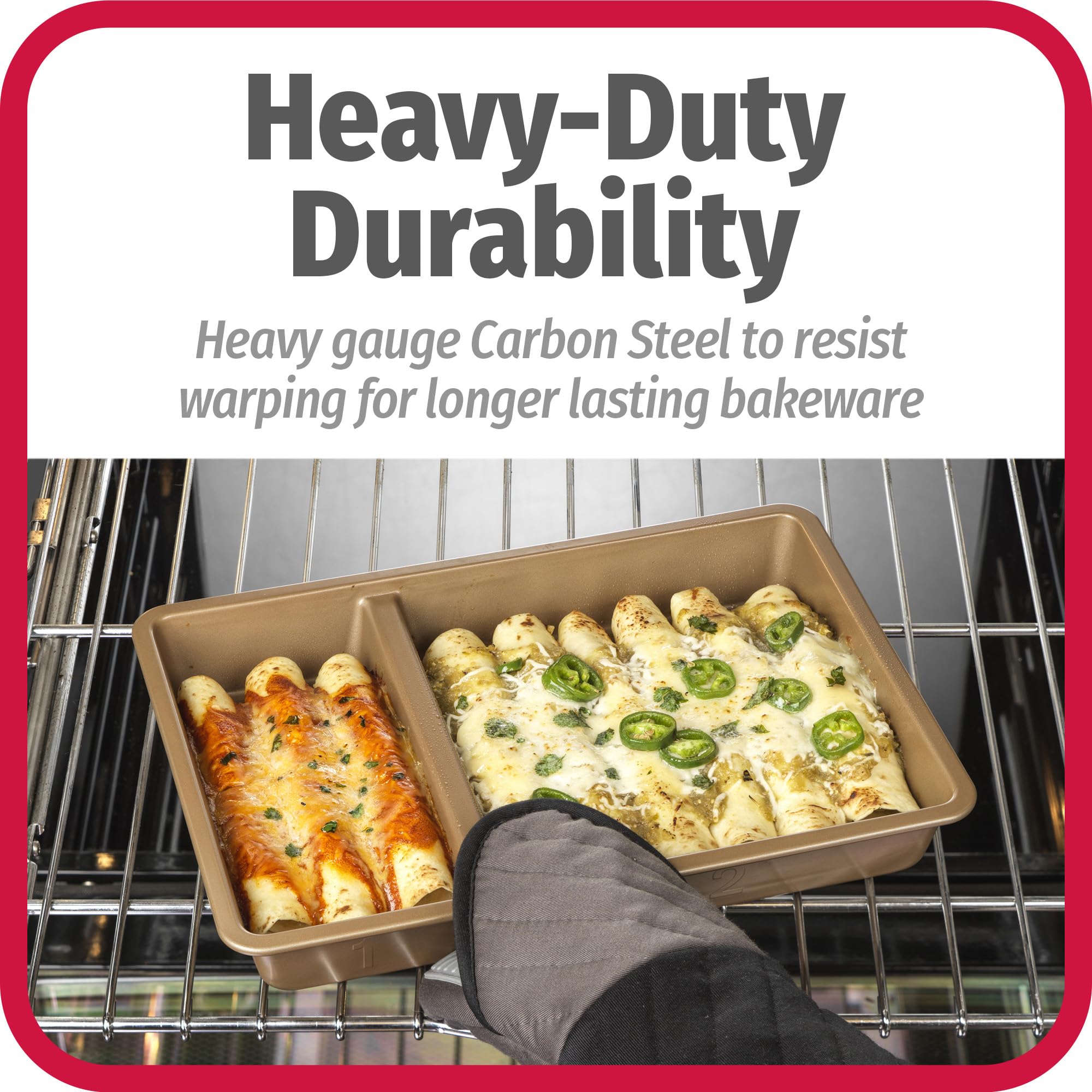 GoodCook Nonstick Divided Oblong Baking Dish, 2-in-1 Carbon Steel, 9” x 13”, Bronze - Scratch-Resistant, Model 04269