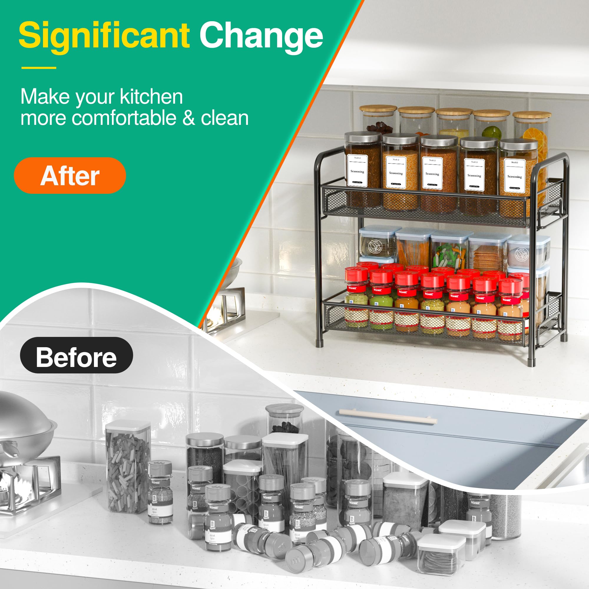 Spice Rack Organizer for Countertop,Xpatee 2-Tier Foldable Metal Rust-Proof Standing Large Seasoning Storage Shelf with Guardrai