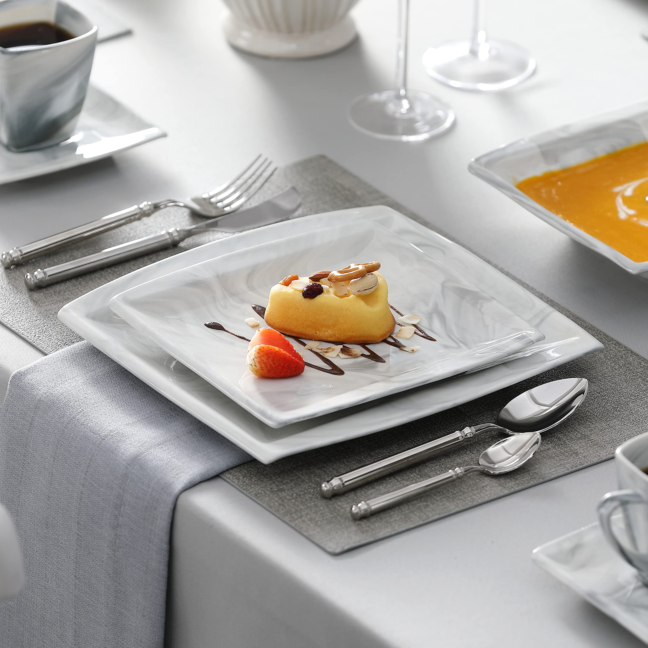 MALACASA Dinnerware Sets, 30 Piece Porcelain Plates and Bowls Sets for 6, Square Dish Set with Dinner Plates Set, Cup and Saucer