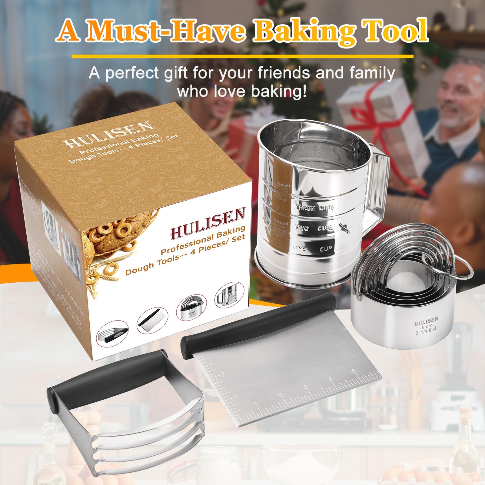 HULISEN Pastry Cutter, Dough Blender, 3 Cup Flour Sifter and Biscuit Cutter, Stainless Steel Dough Cutter, Professional Baking D