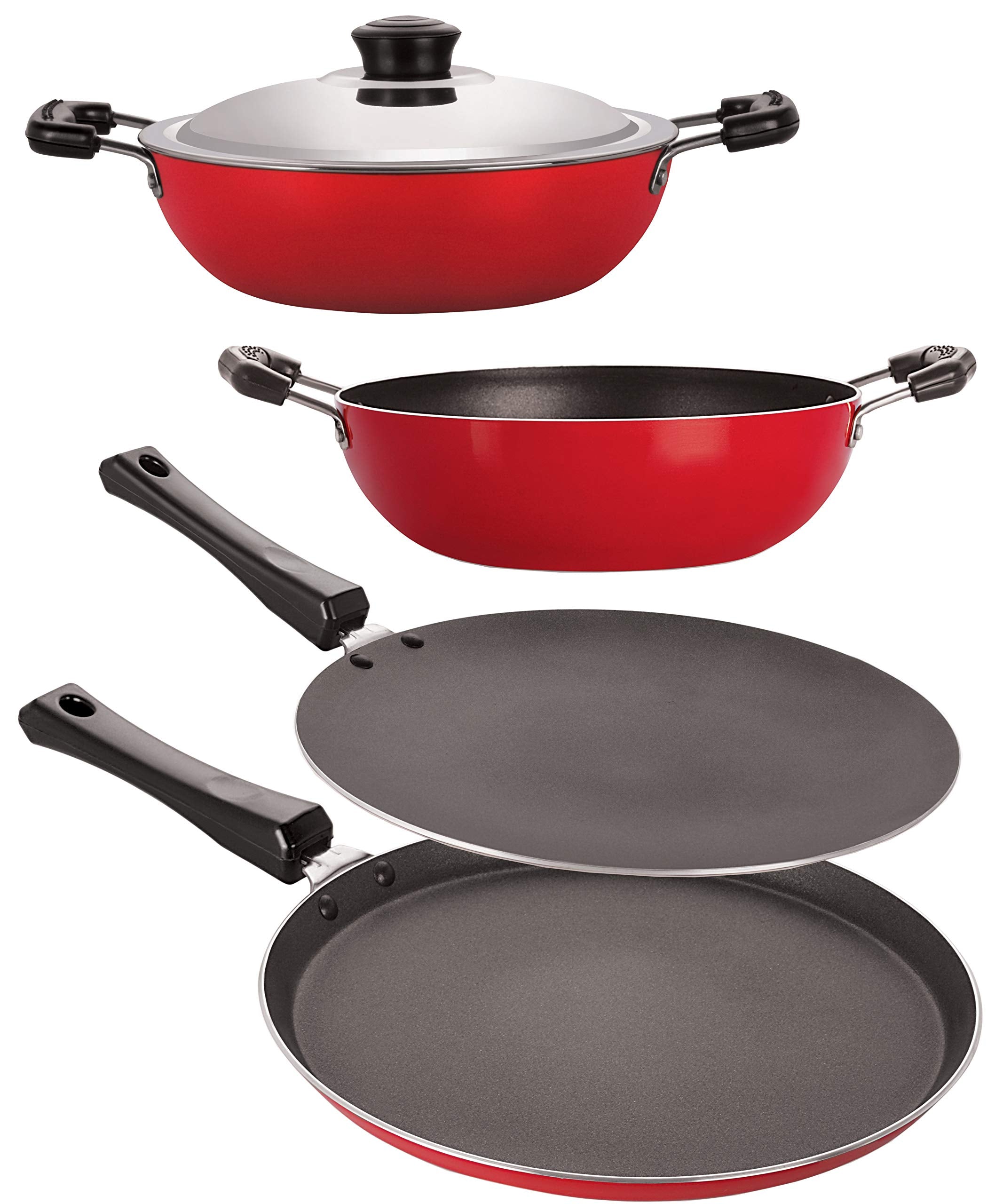Nirlon NonStick 4 Piece Gas Compatible Pfoa Free Kitchen Essential Combo Gift Item Set, Red And Black