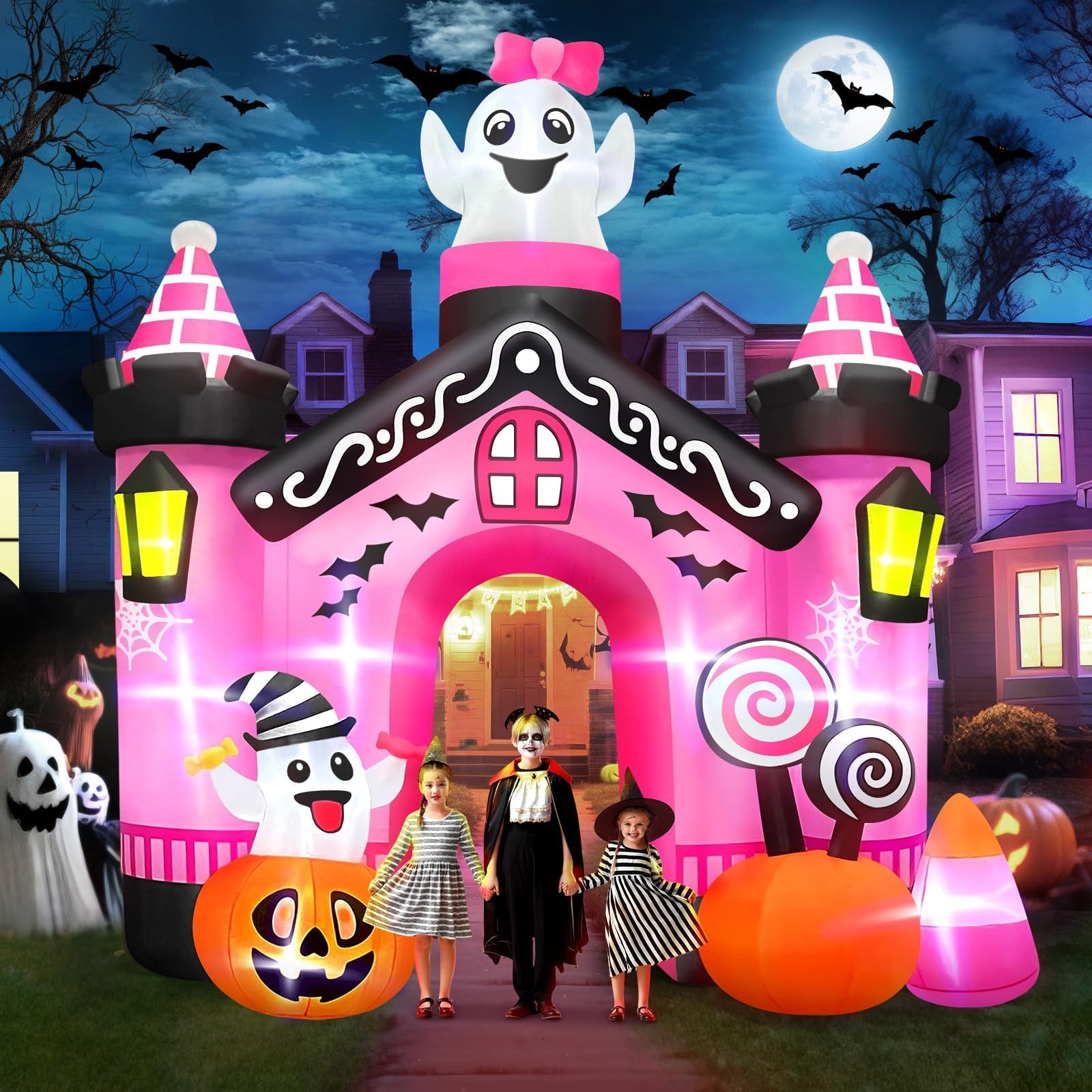 Kalolary 11 FT Halloween Inflatables Ghost Archway Outdoor Decorations, Pink Castle Arch Blow Up Yard Decorations Scary Inflatab