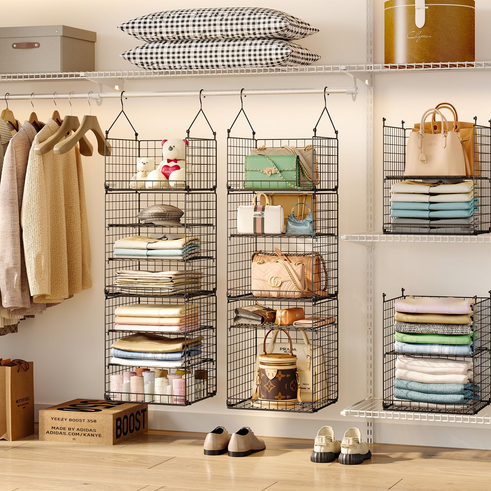 5 Tier Closet Hanging Organizer And Storage Separable Hanging Closet Shelves With 4 Hanging Hooks 2 Adjustable Dividers, Wire St