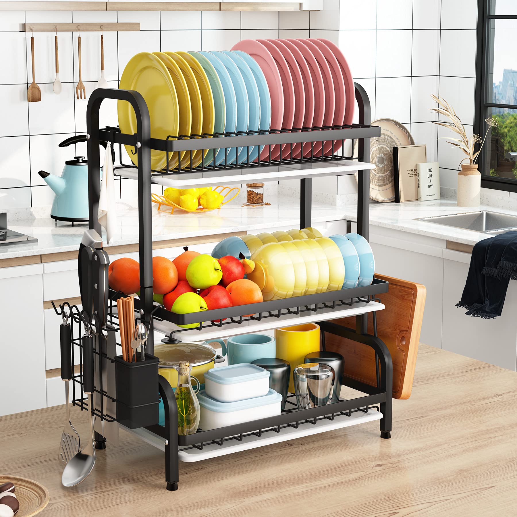 1Easylife Dish Drying Rack  3 Tier Dish Rack with Tray Utensil Holder  Large Capacity Dish Drainer with Cutting Board Holder Drain Board Tray for Kitchen Counter Organizer Storage (Black)