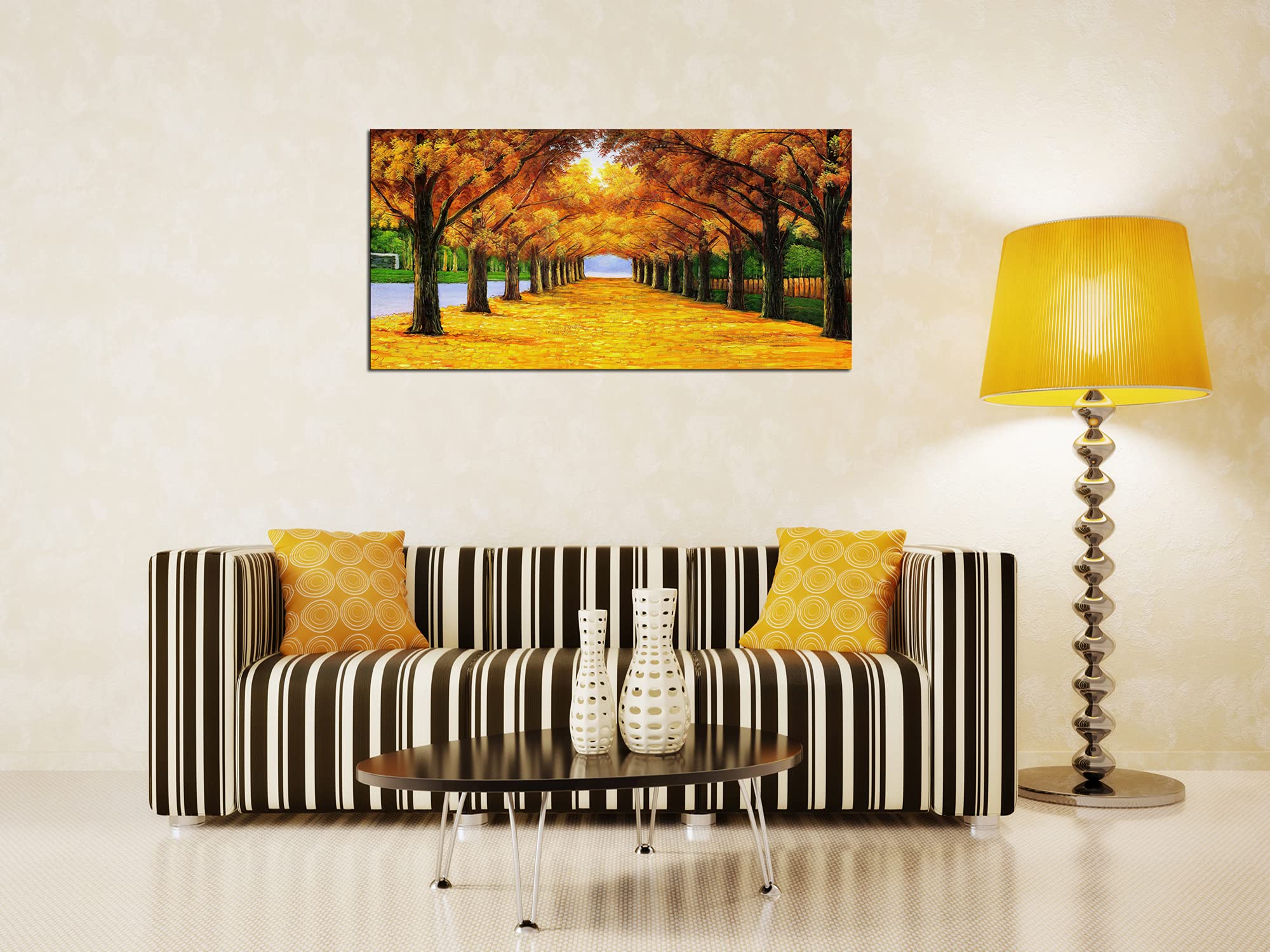 Xxmwallart Fc2150 Wall Art Golden Autumn Scene Canvas Prints Painting Gold Tree Paintings Pictures Framed For Living Room Bedroo