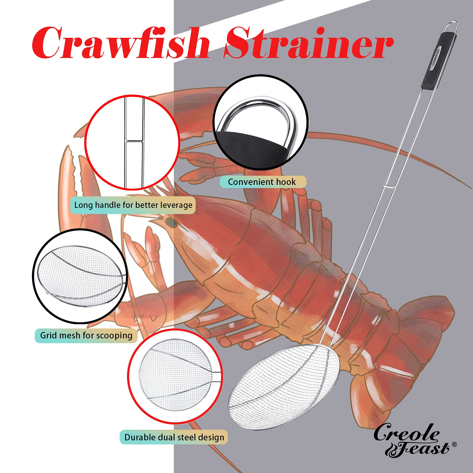 Creole Feast Skm3602 36-Inch Stainless Steel Skimmer With 8'' Bowl, Wire Strainer And Mesh Scoop, Crawfish Long Ladle Accessorie