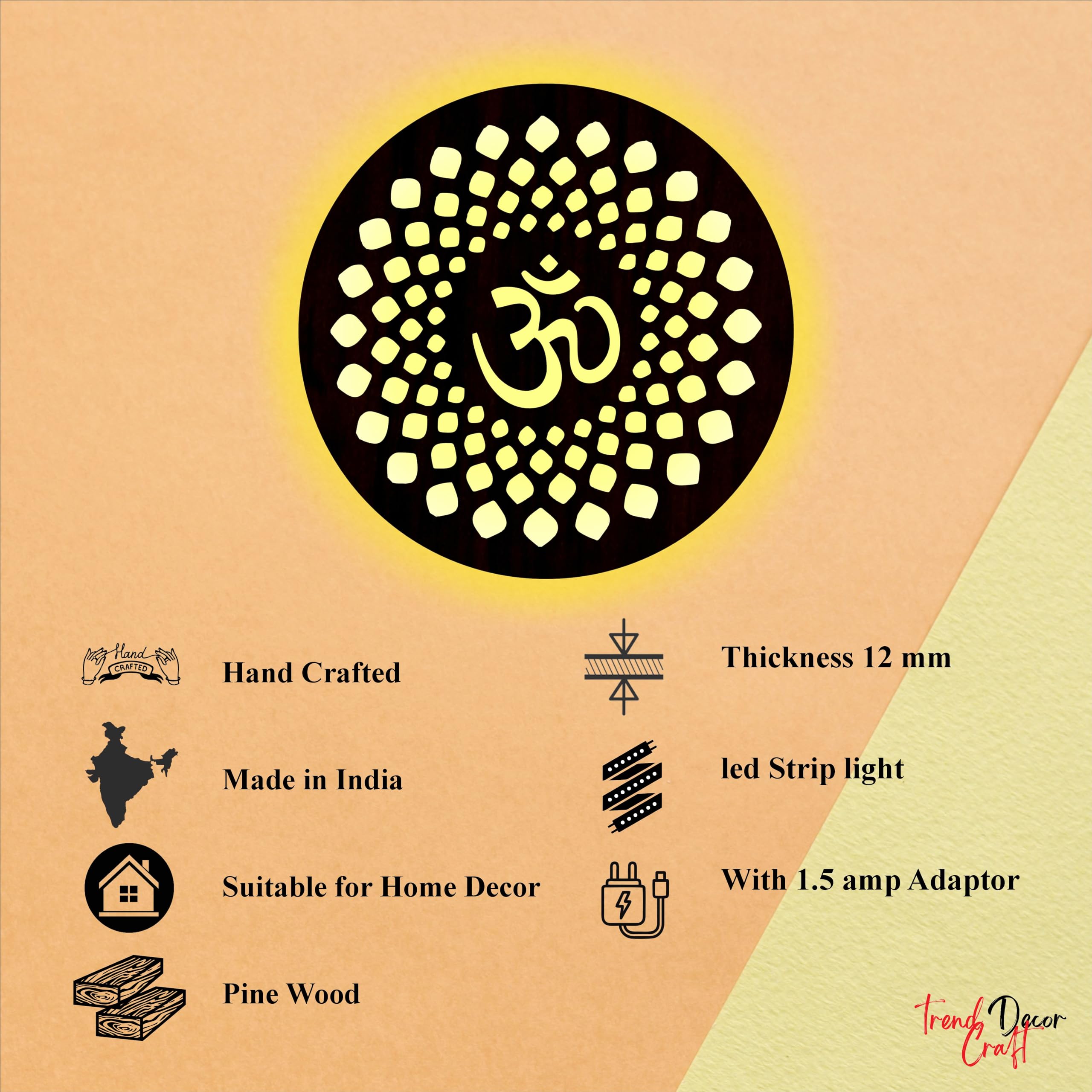 Trenddecor Craft - In Om Mandala Wall Light Led Light Wall Decor For Living Room, Bedroom, Yoga Room, Meditation Room (16 X 16 I