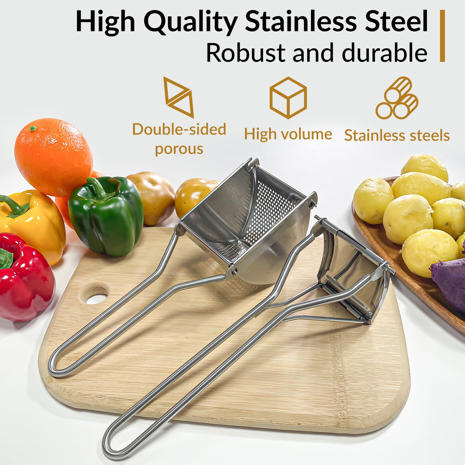 Potato Ricer, Potato Masher, Larger 22Oz Heavy Duty Potato Ricer Stainless Steel Make Fluffy Mashed Potatoes, Comfort Handle Ric