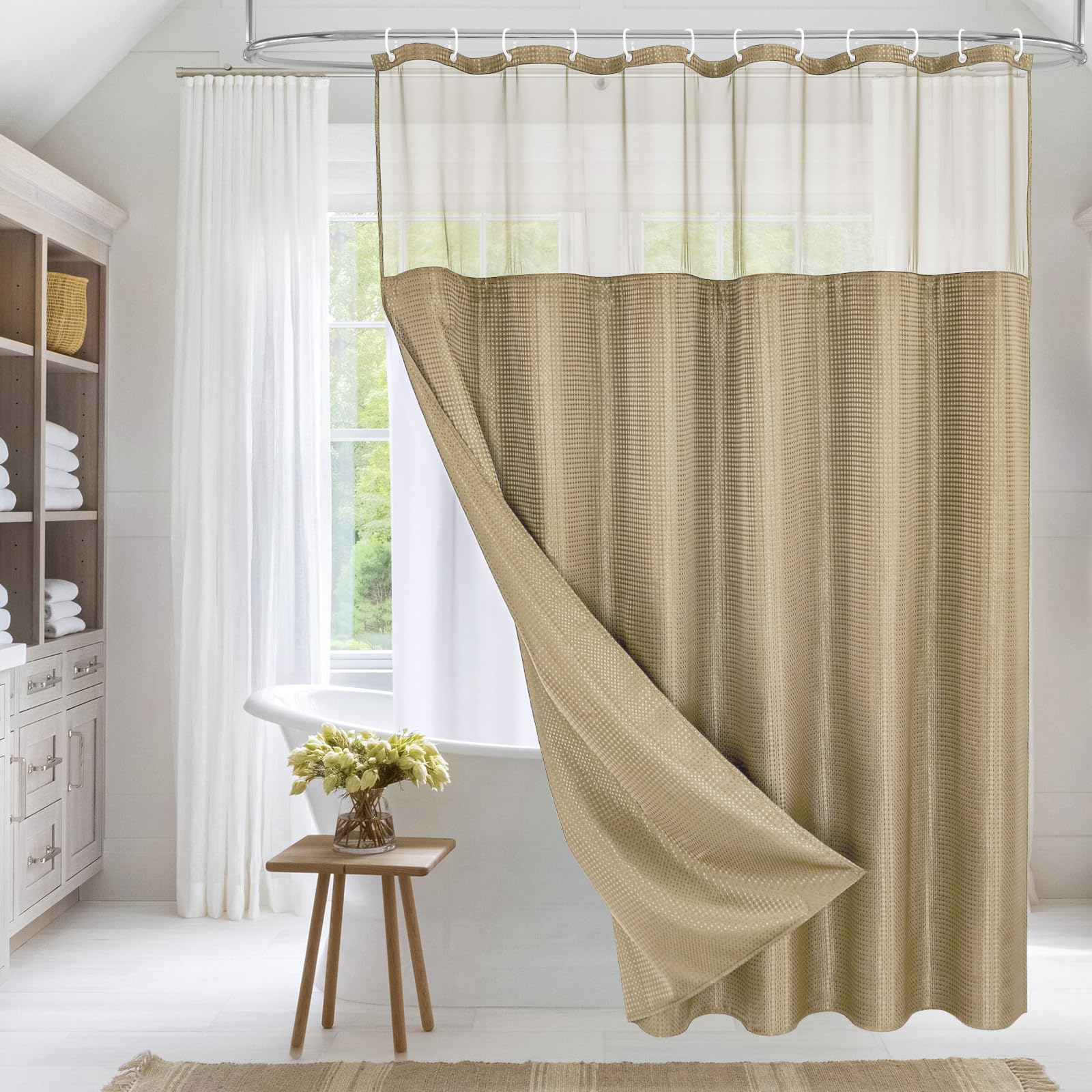 Mitovilla Beige Waffle Shower Curtain With Snap-In Liner, Modern Waffle Weave Fabric Shower Curtain For Luxury Hotel & Spa Bathr