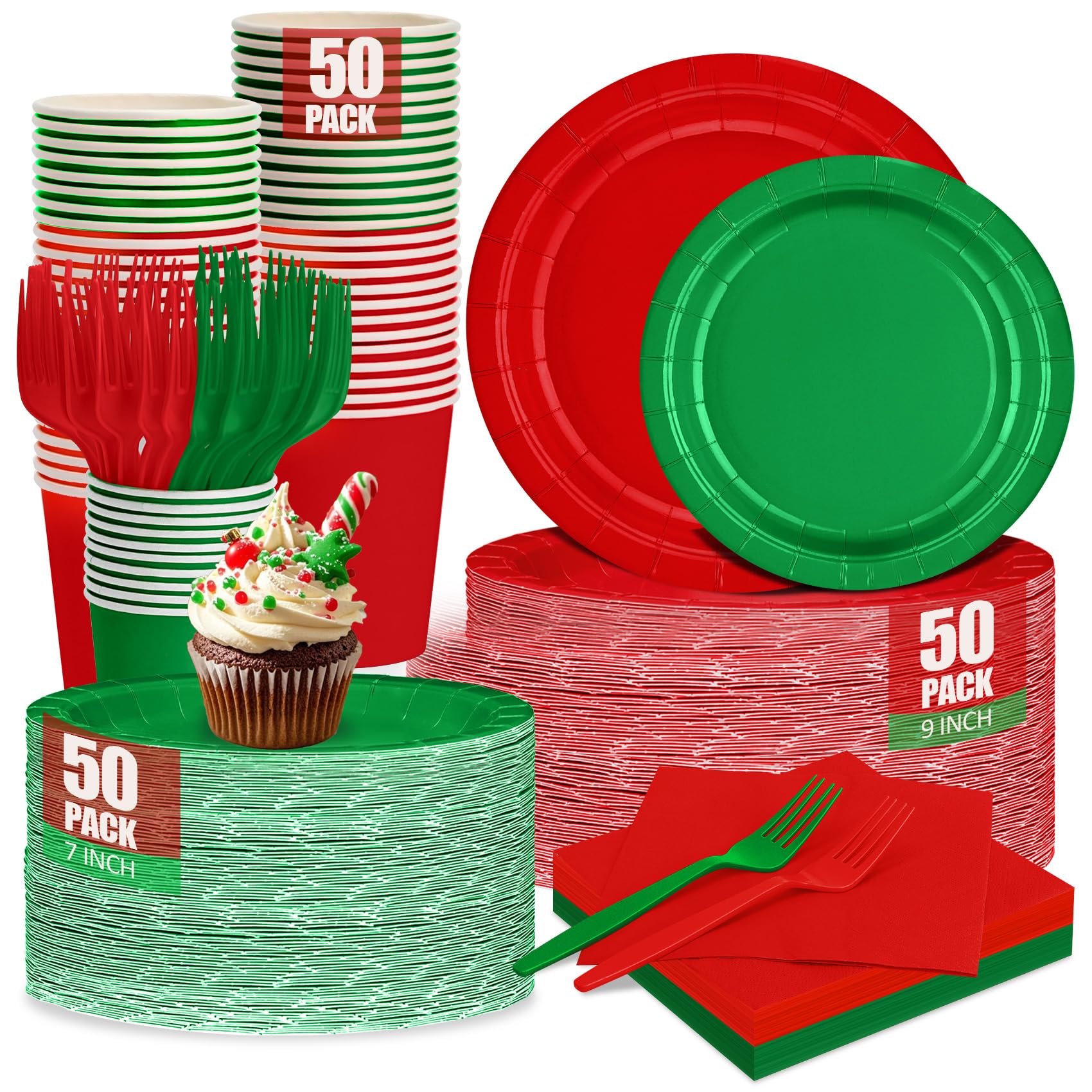 CENLBJ Red and Green Christmas Paper Plates and Napkins Party Supplies, Include 9 Disposable Red Paper Plate, 7 Dessert Green Pl