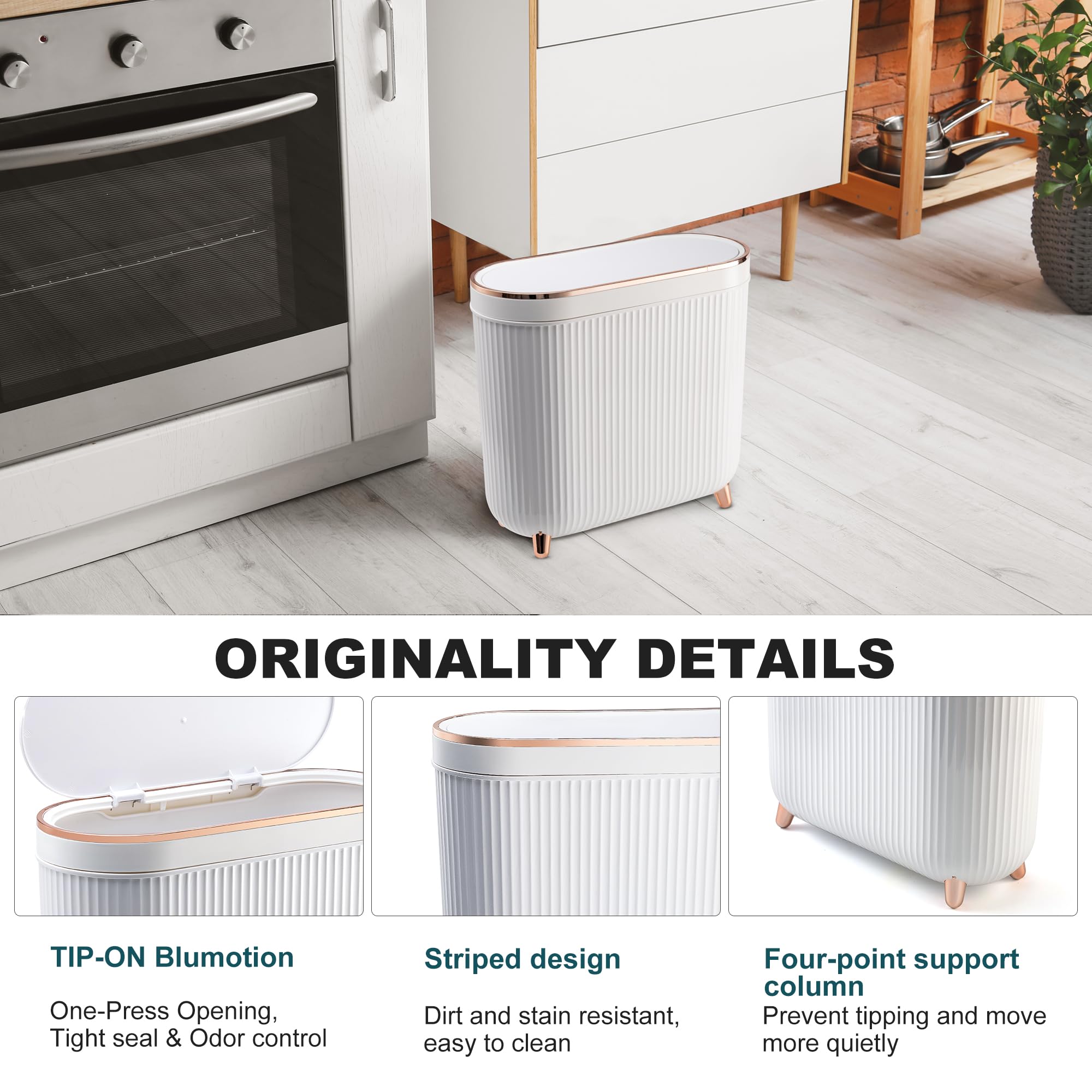 Supteron Bathroom Trash Can With Lid 3.2 Gallon Narrow Trash Can Small Plastic Trash Bin 12 Liter With Press Type Lid For Bedroo