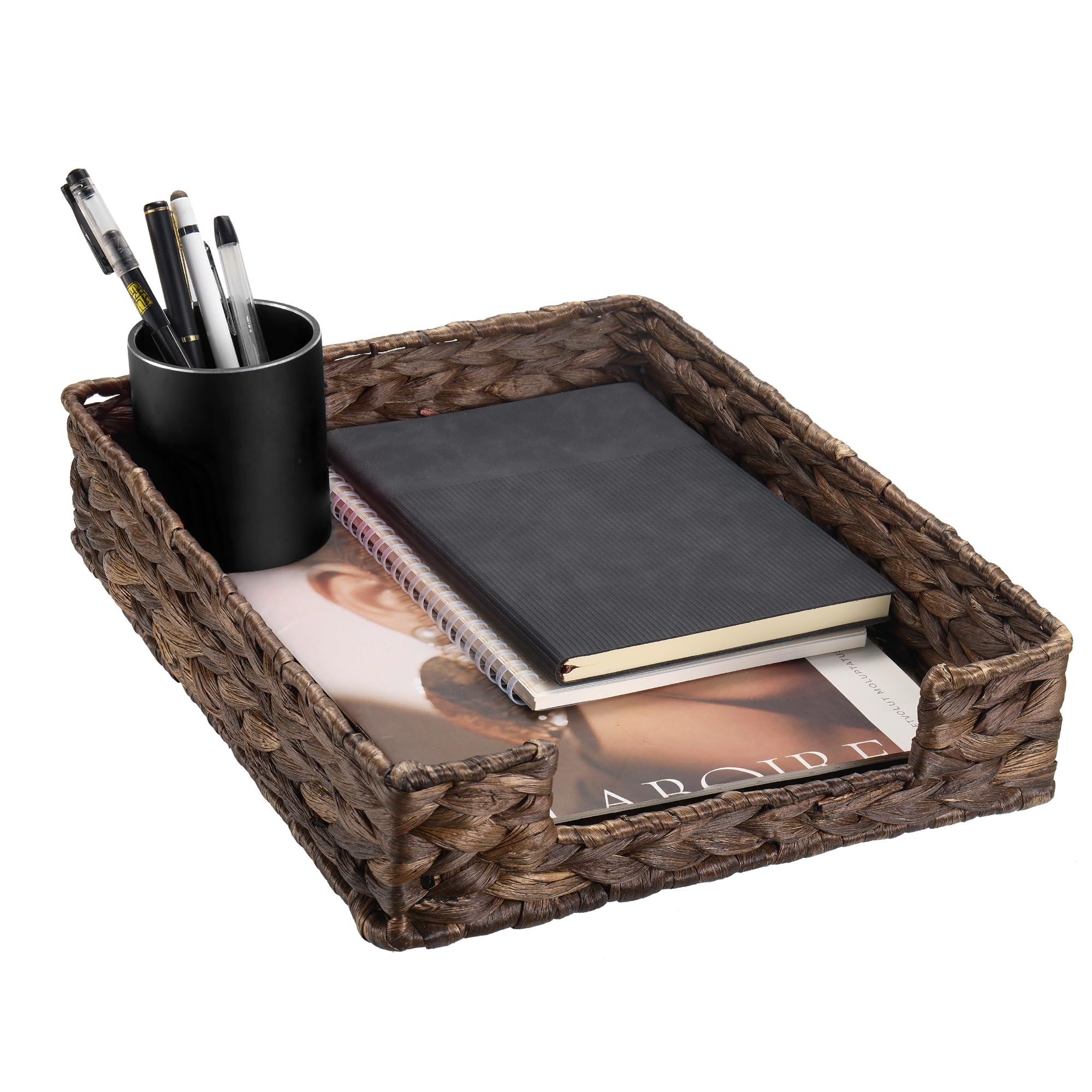 PINXIURY Water Hyacinth Letter Tray for A4 File Desk Mail LetterSize Paper, Basket Woven Organizer, Magazine Files Storage, Off