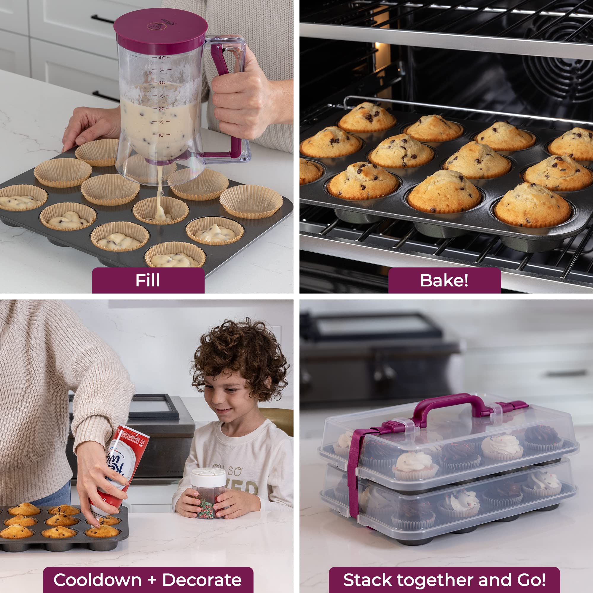 Kpkitchen Cupcake Carrier For 24 Cupcakes - Innovative Cupcake Holder Includes 2 Cupcake Pans With Lid And Handle - Cupcake Trav