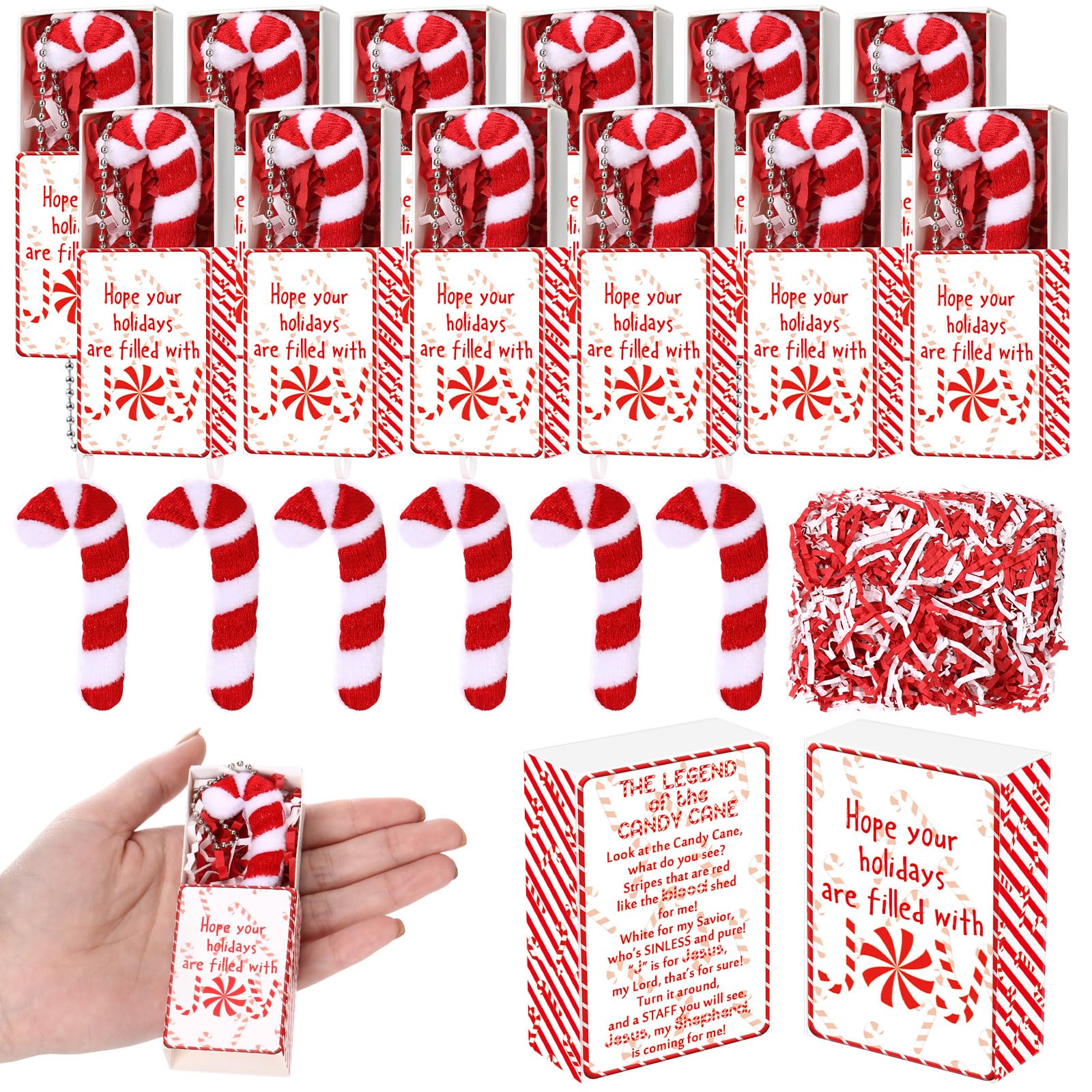 Soulchen 30 Set Christmas Candy Cane Story Gift Mini Plush Keychain with Legend of The Candy Cane Gift Box Xmas Stocking Stuffer