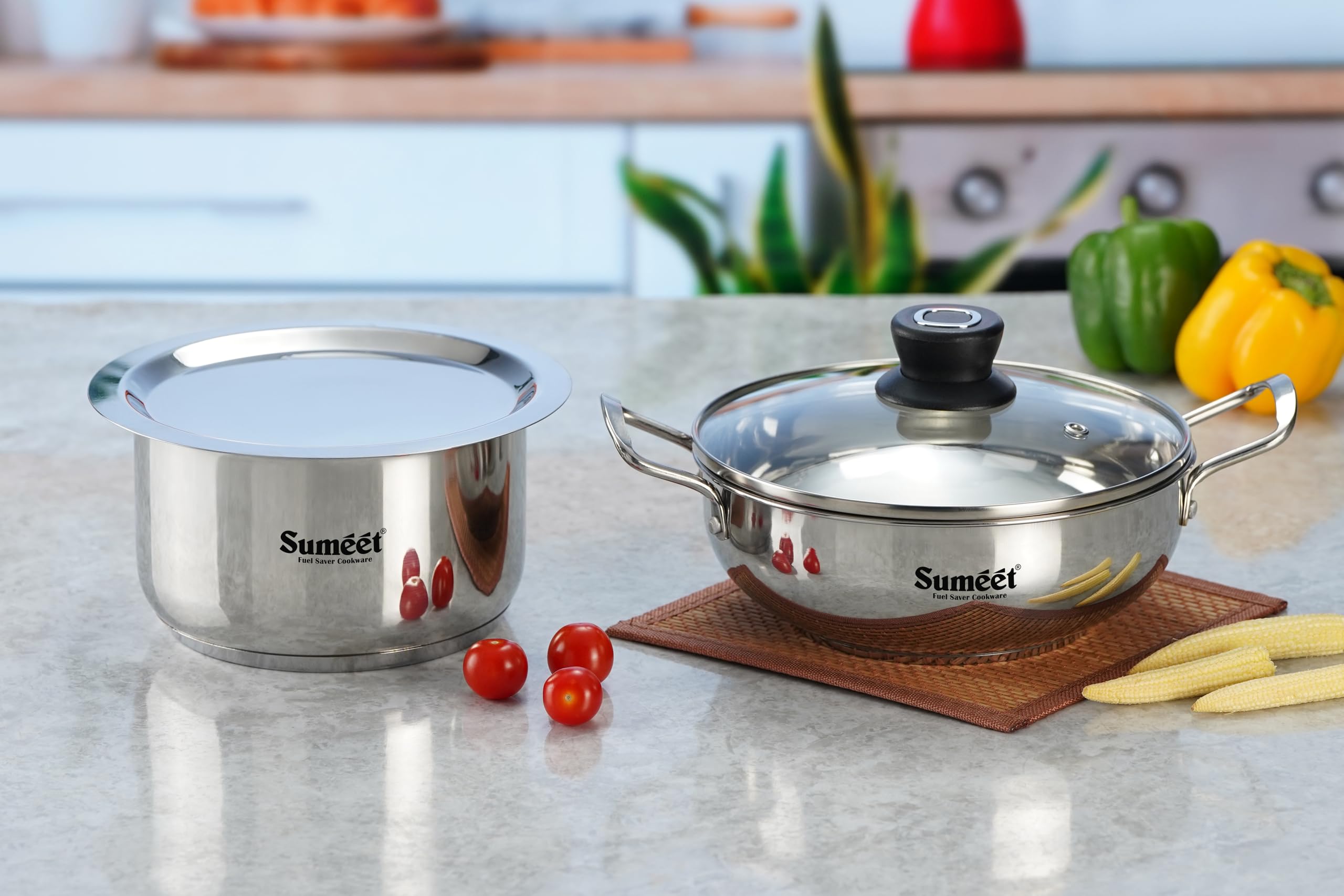 Sumeet Stainless Steel Induction Bottom Gas Stove & Induction Friendly 4Pc Cookware Set, Kadai  1500Ml / 20Cm, Tope 1700Ml / 20