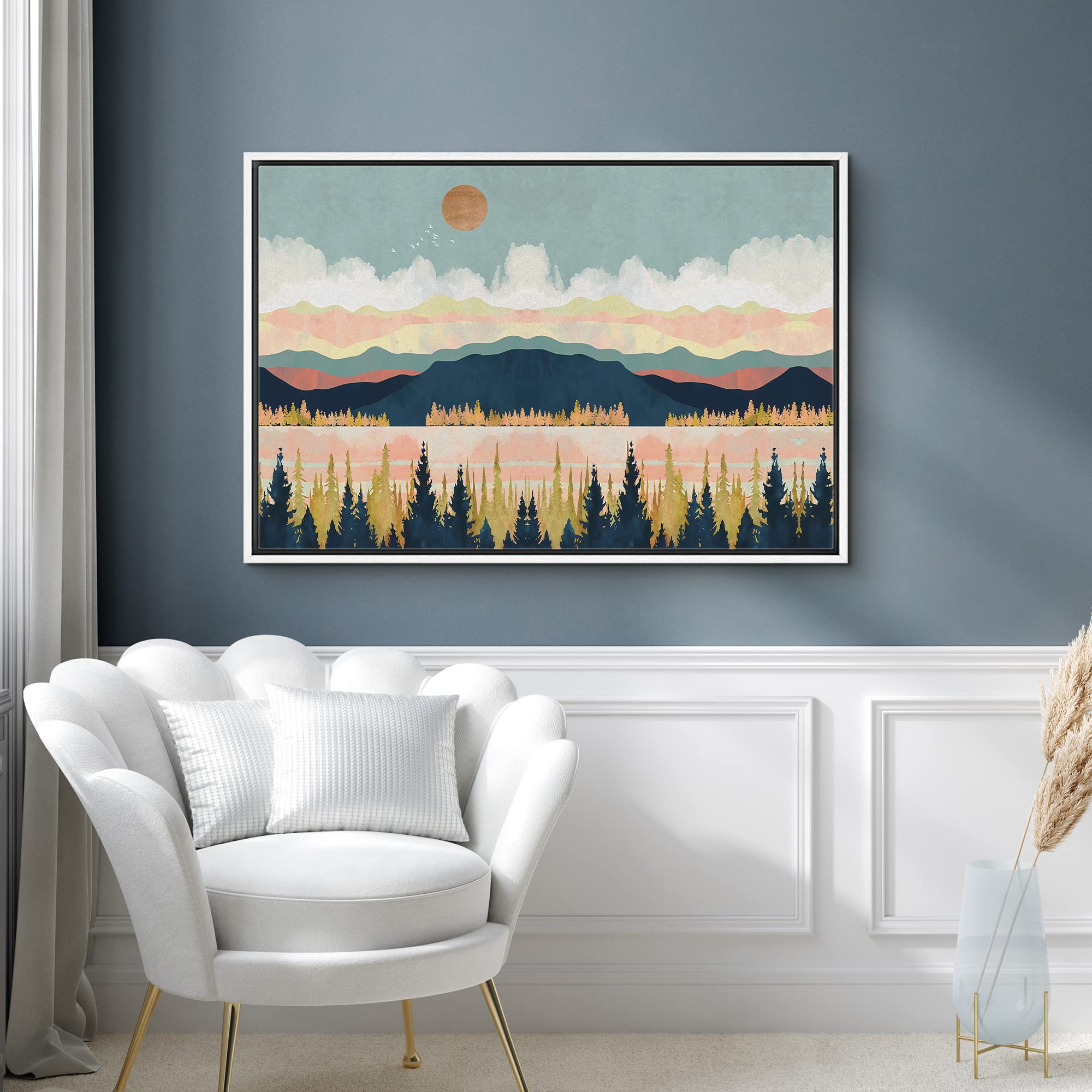 Signford Framed Canvas Print Wall Art Woodland Nursery Decor Mountain, Forest & Lake Abstract Wilderness Illustrations Modern Ar