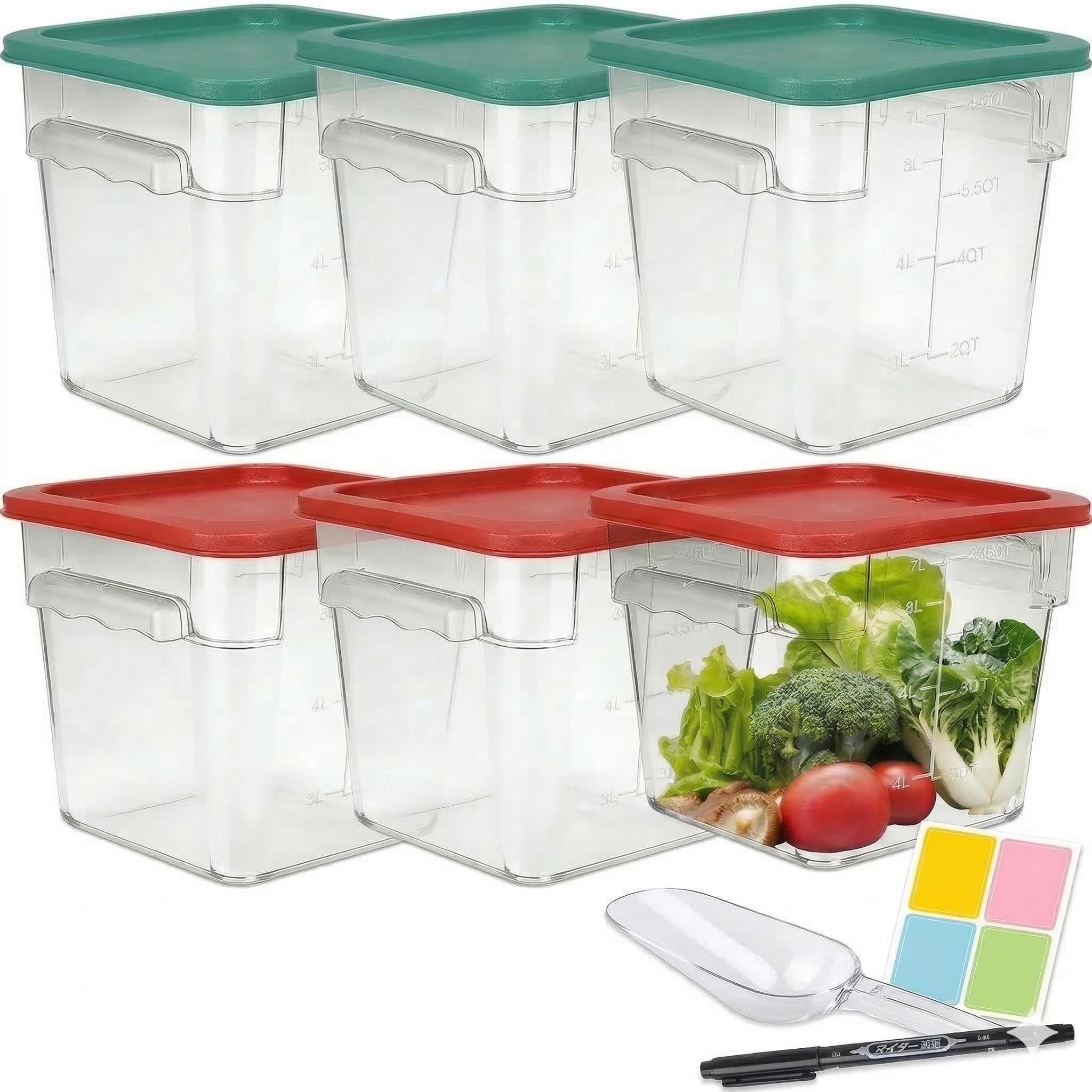 6 Pack 8 Qt Food Storage Containers with Lids, Commercial Clear Square