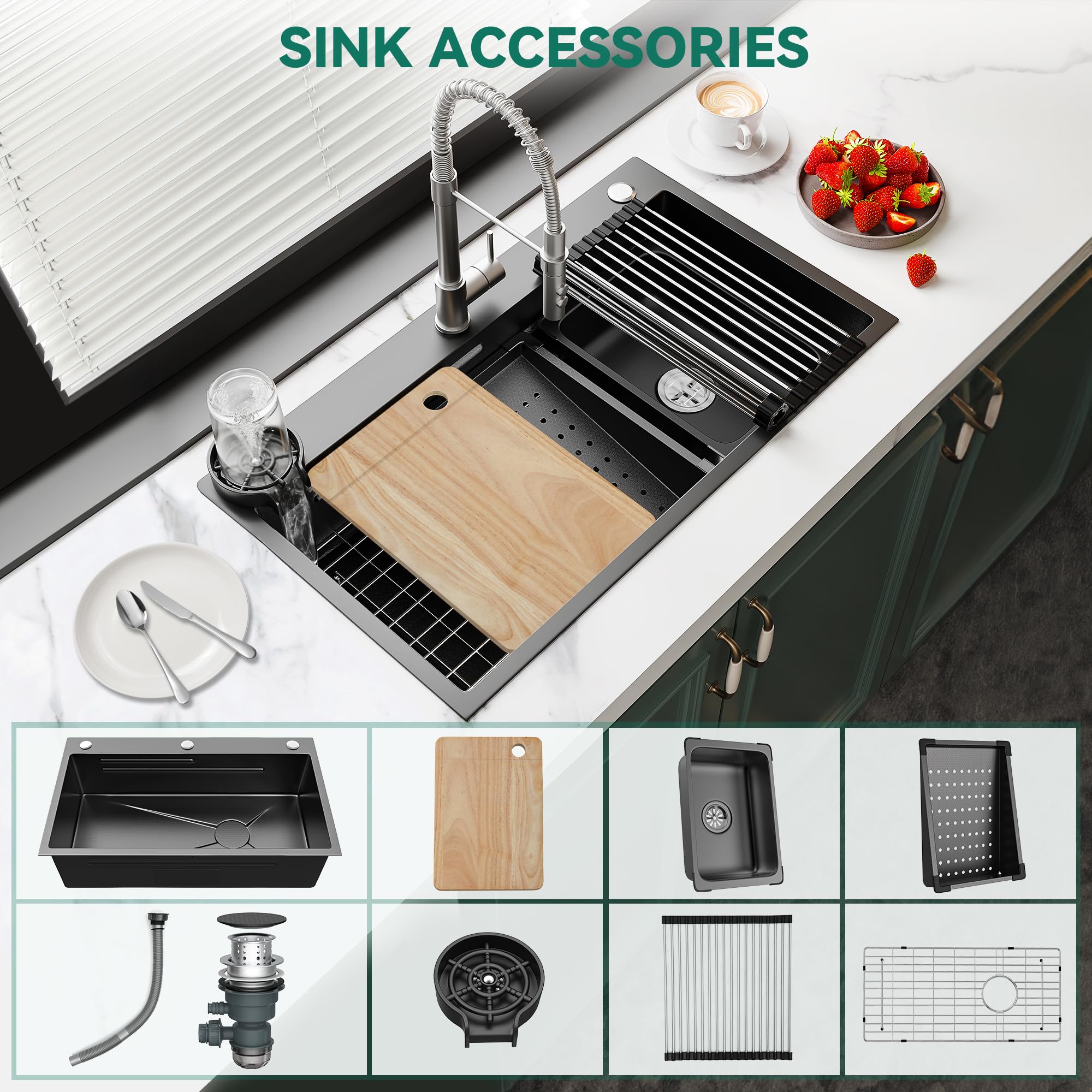 Yitahome Drop In Kitchen Sink Workstation 30 Inch, Top Mount Stainless Steel Nano Gunmetal Black Sink W/Glass Rinser, Cutting Bo