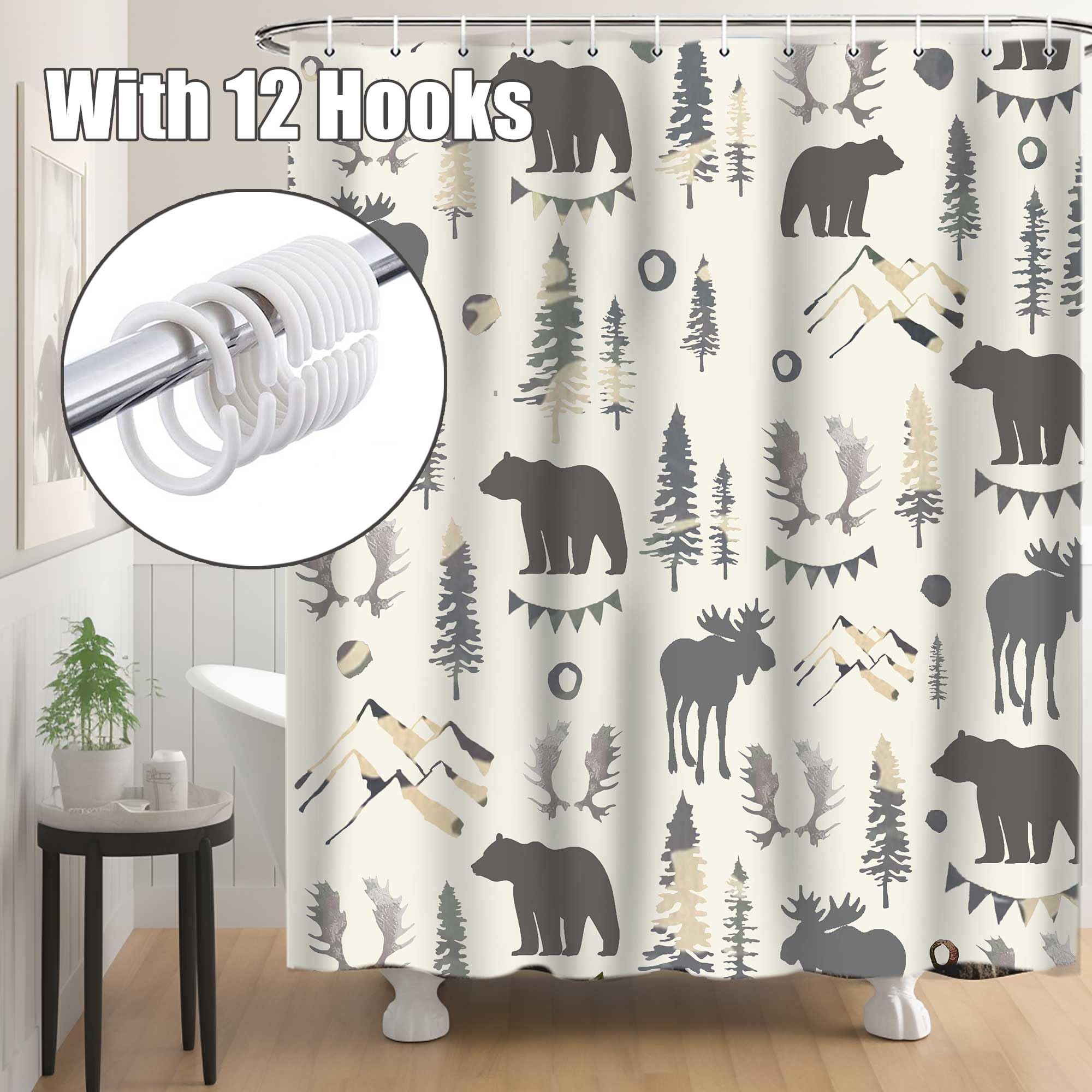 Lacoiime Bear Shower Curtain, Mountain Woodland Animal Shower Curtains For Bathroom Grey Elk Antler Pine Tree Deer Forest Bathro