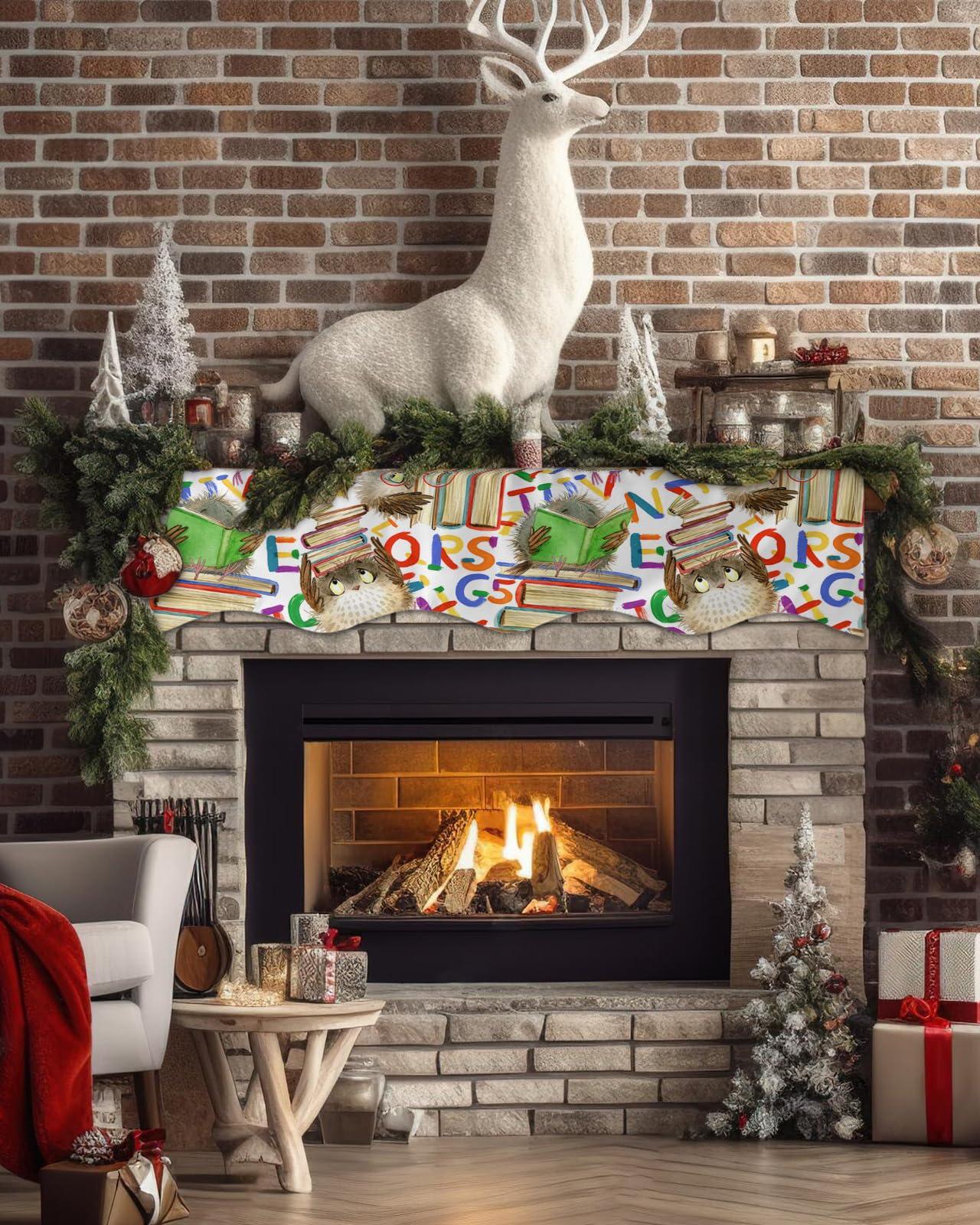 Victoroes Mantle Scarf 90 X 17 Inch, Back To School Season Cartoon Owl Book Fireplace Mantel Scarf Mantel Cover Runner For Home