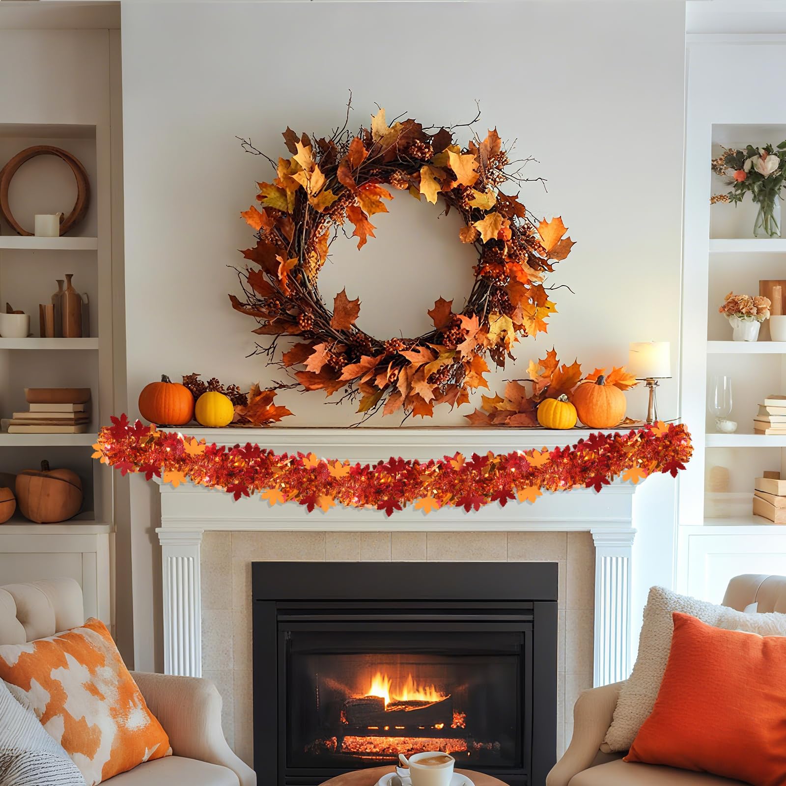 Fall Maple Leaves Garland Decorations,50Ft Glitter Tinsel Leaf Thanksgiving Decor for Tree Autumn Mantle Bedroom Office Classroo