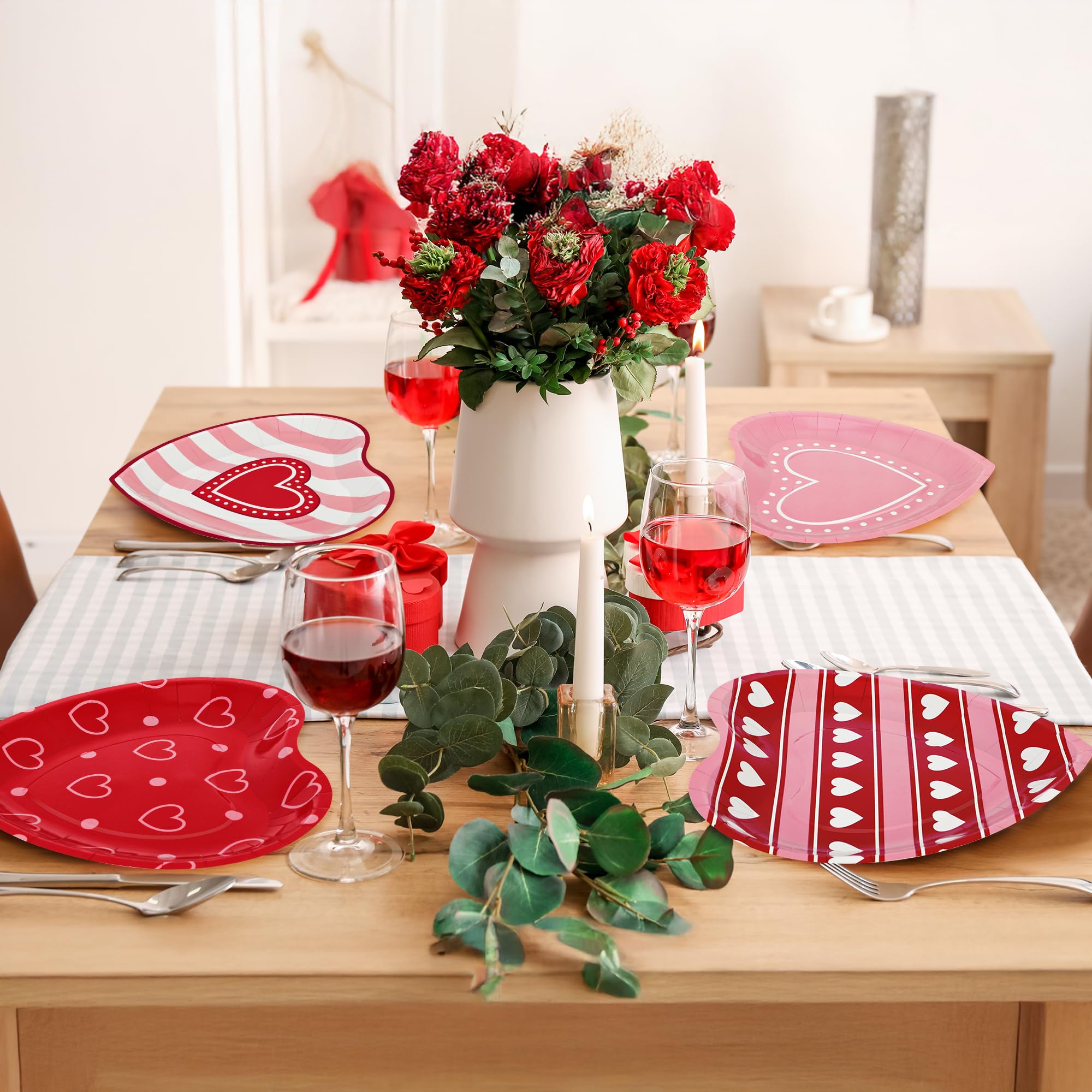 Qzyl 48 Pcs Valentines Plates, 9 In Disposable Heart Shaped Plates, Red Pink Heart Design Heart Plates Valentines Paper Plates,