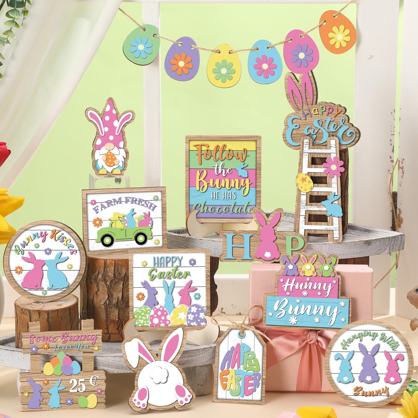 Ziliny 19 Pcs Easter Bunny Tiered Tray Decor Spring Easter Egg Wooden Centerpiece Signs Colorful Easter Wooden Sign Bunny Gnome