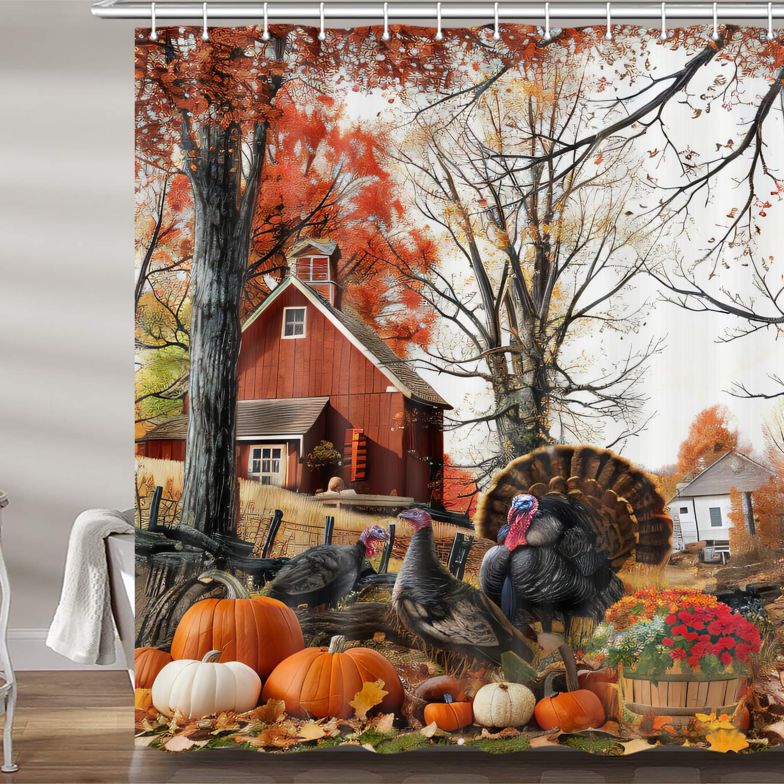 Thanksgiving Day Fall Shower Curtain For Bathroom, Rustic Autumn Farm Turkey Pumpkins Harvest Fabric Shower Curtains Set, Cute V