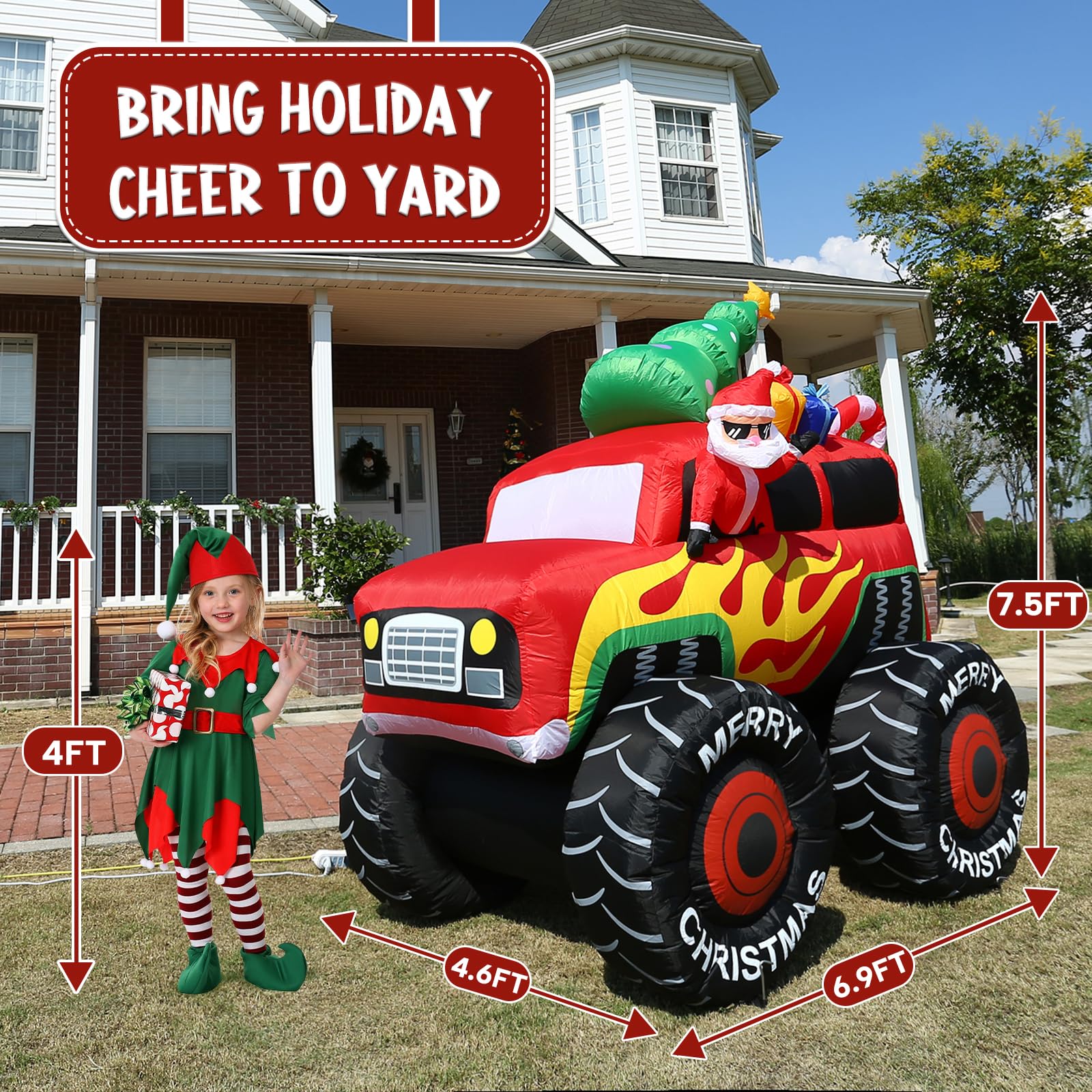 JOYHALO 7.5FT Christmas Inflatable Santa Drive Monster Truck, Blow Up Yard Decorations with Bright LED Lights, Santa Truck Chris