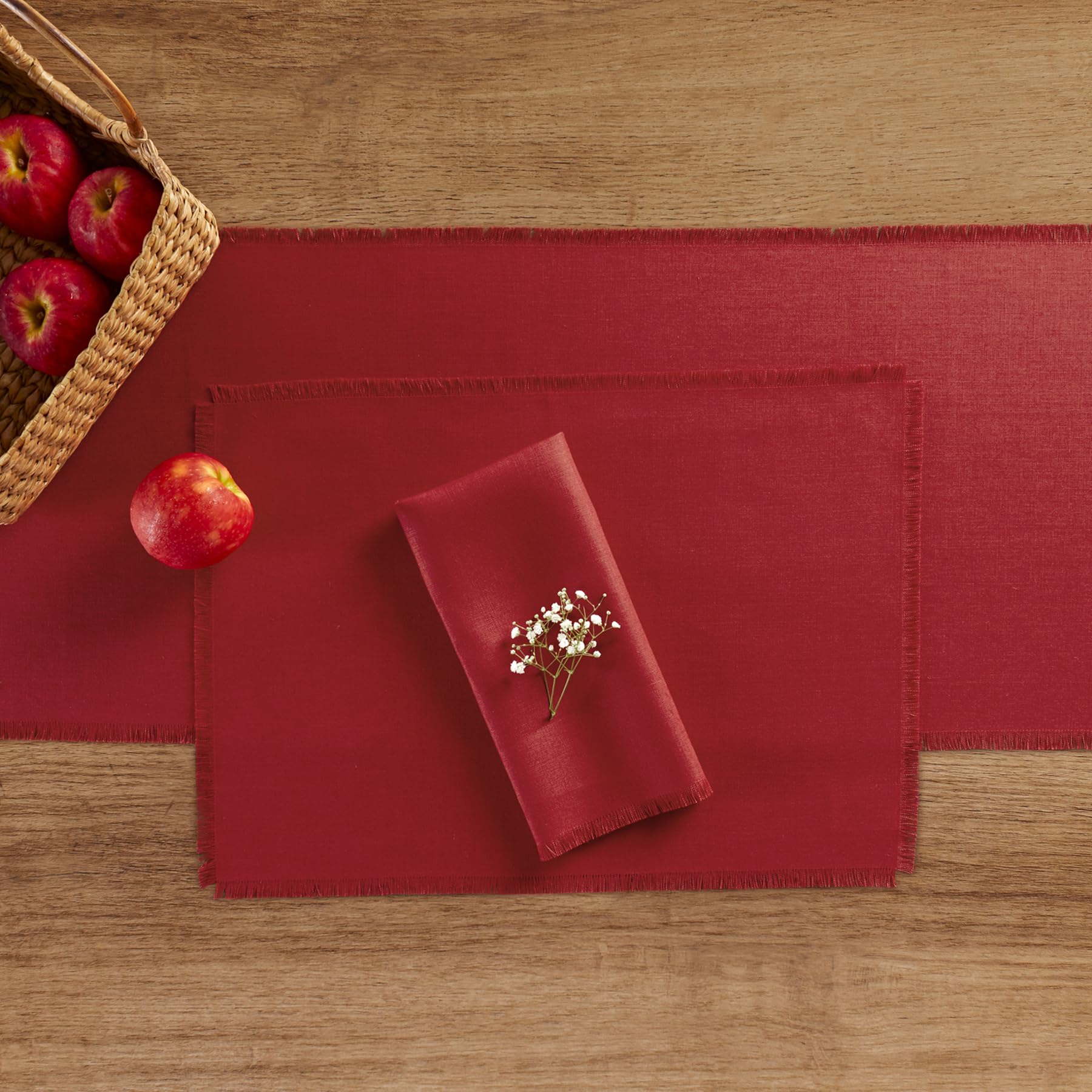 Solino Home Fringe Linen Placemats 19'' L X 14'' W Inch - 100% Pure Linen Cherry Cloth Placemats Set Of 4 - Washable Fabric Plac