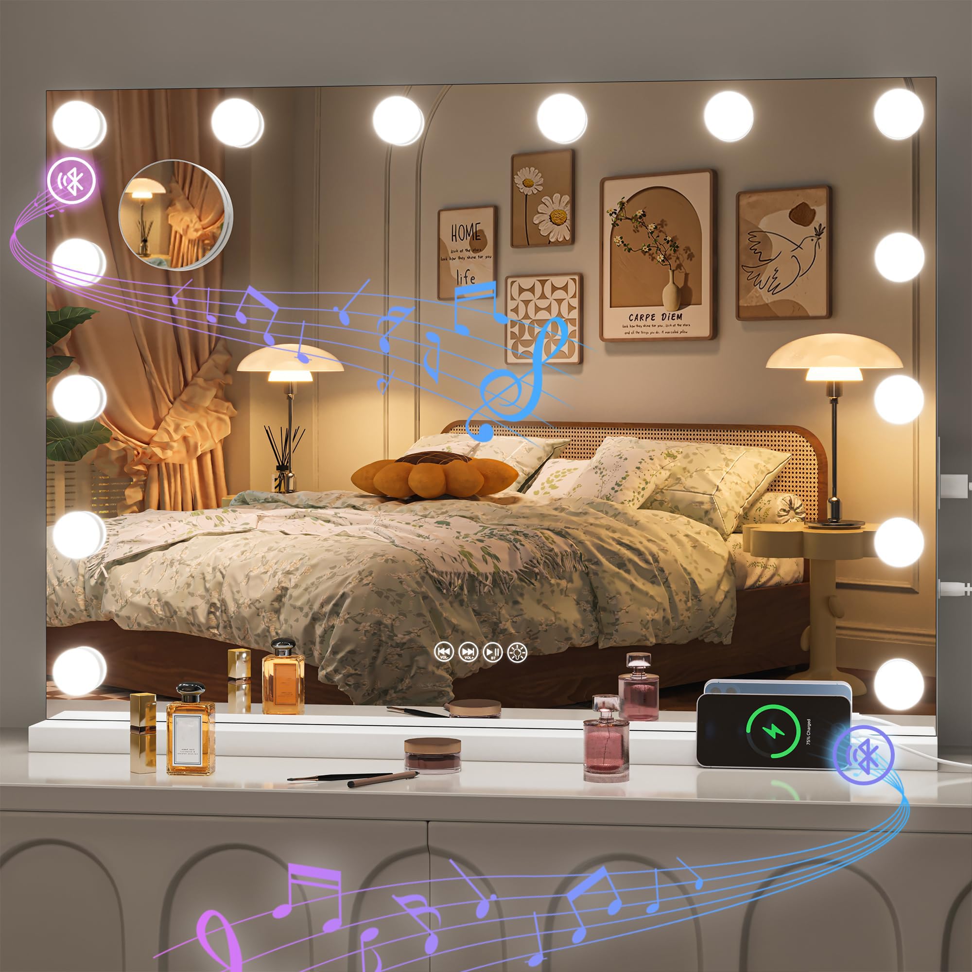 Hasipu Hollywood Vanity Mirror With Lights And Bluetooth Speaker, 41'' X 30'' Makeup Mirror With 21 Dimmable Led Bulbs 3 Color M