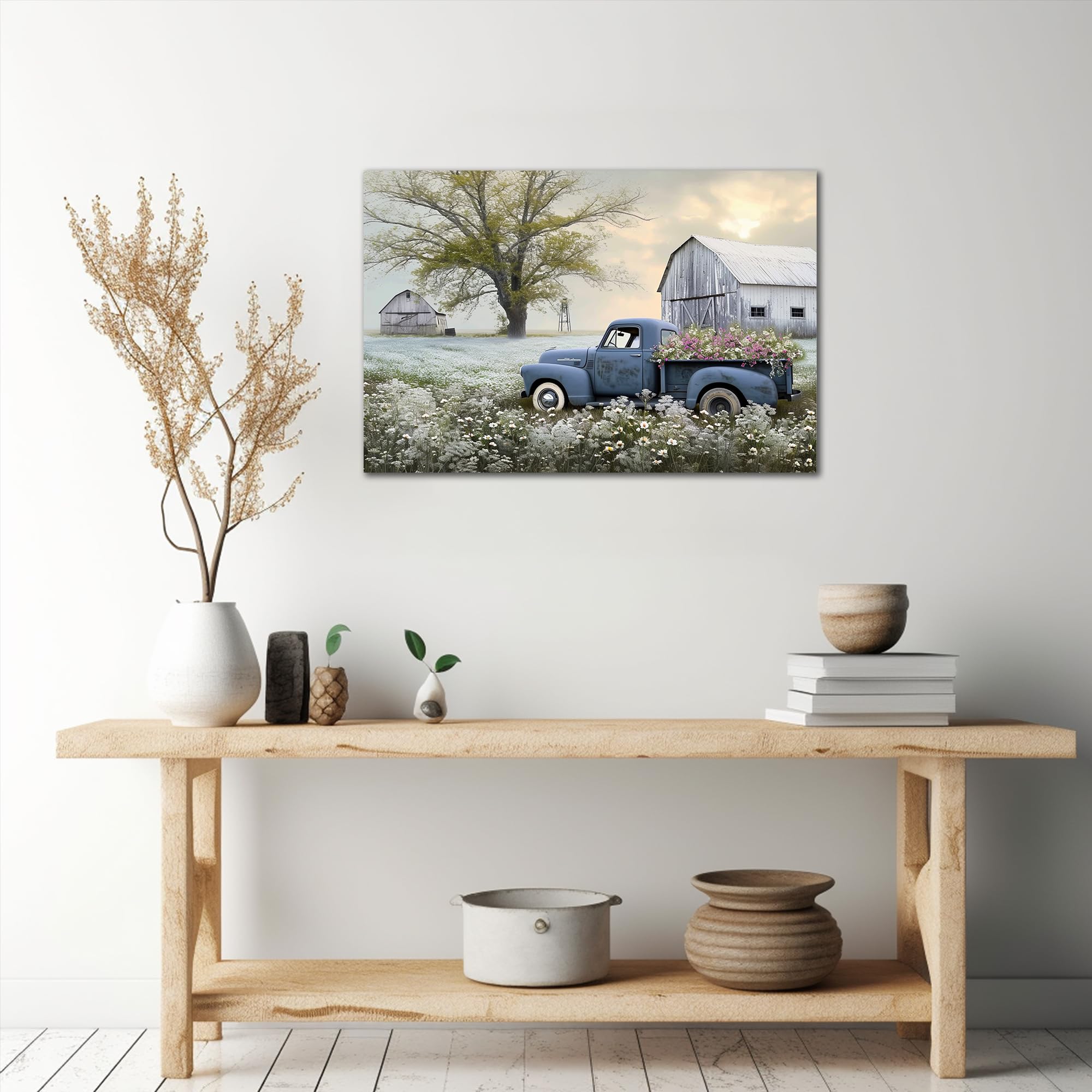 Farmhouse Old Truck Canvas Wall Art, Old Barn Pictures Wall Art, Country Antique Pickup Truck Canvas Prints, Blue Truck With Whi