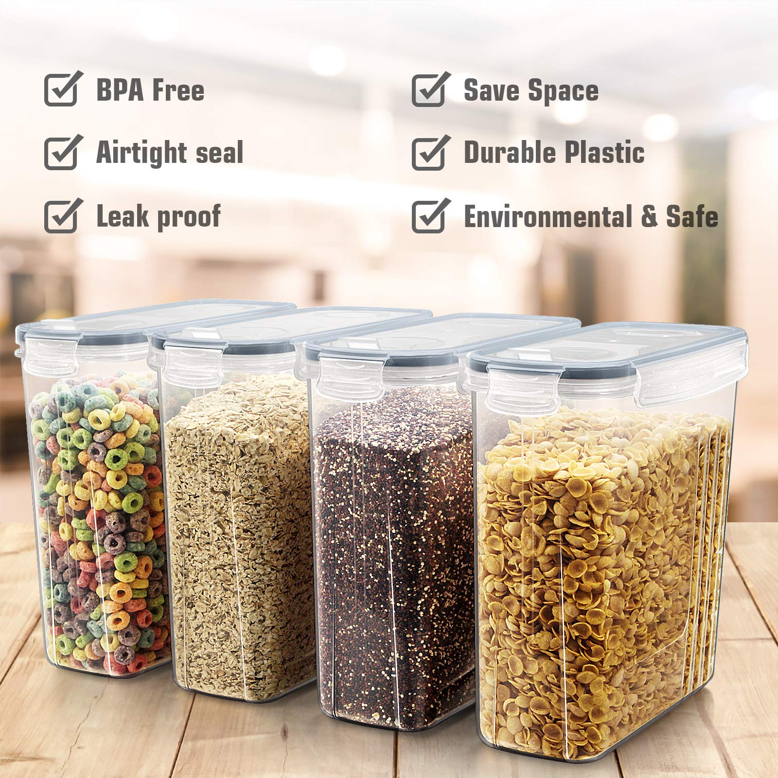 Wildone Cereal Storage Containers Set, Large Bpa Free Plastic Airtight Food Storage Containers 4L /135.3Oz For Cereal, Flour, Su