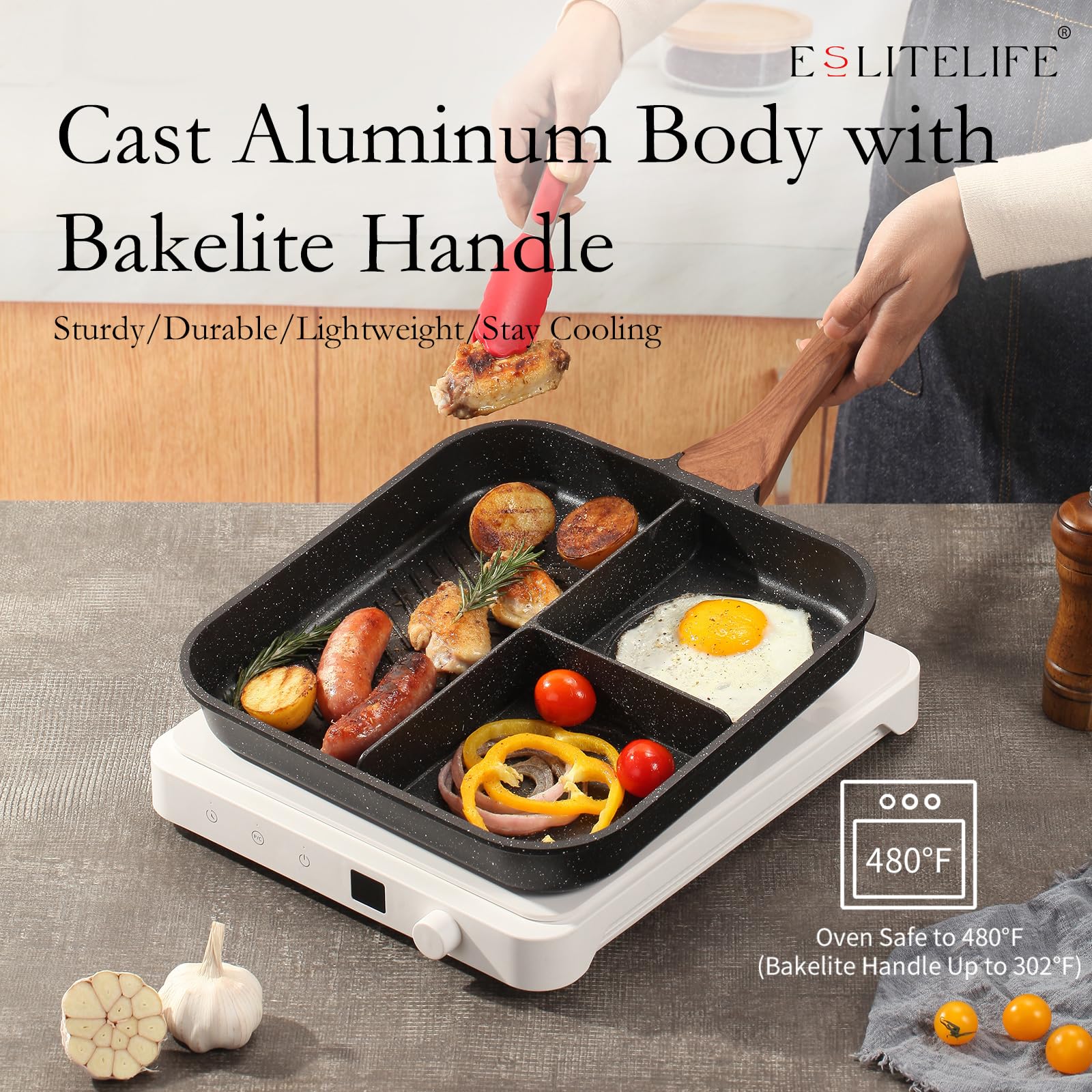ESLITE LIFE Nonstick Divided Grill Pan for Stove Tops  11 Inch 3-Section Granite Coating Breakfast Grilling Skillet  Compatible with Gas  Electric & Induction  PFOA Free  Black