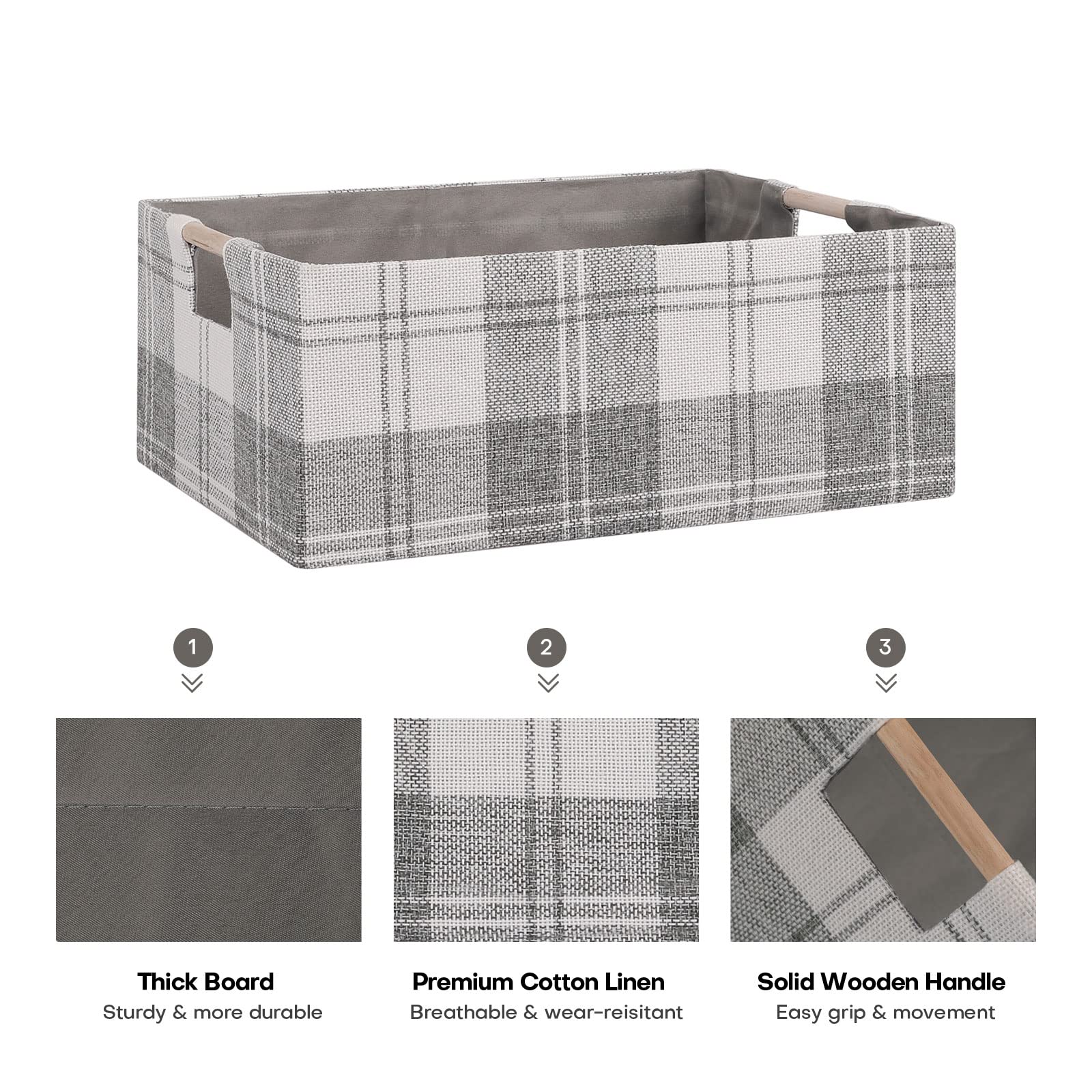 LaMorée Fabric Storage Bin Box - Small Light Gray Plaid Cotton Linen Cube with Wooden Handles - Open Home Organizer
