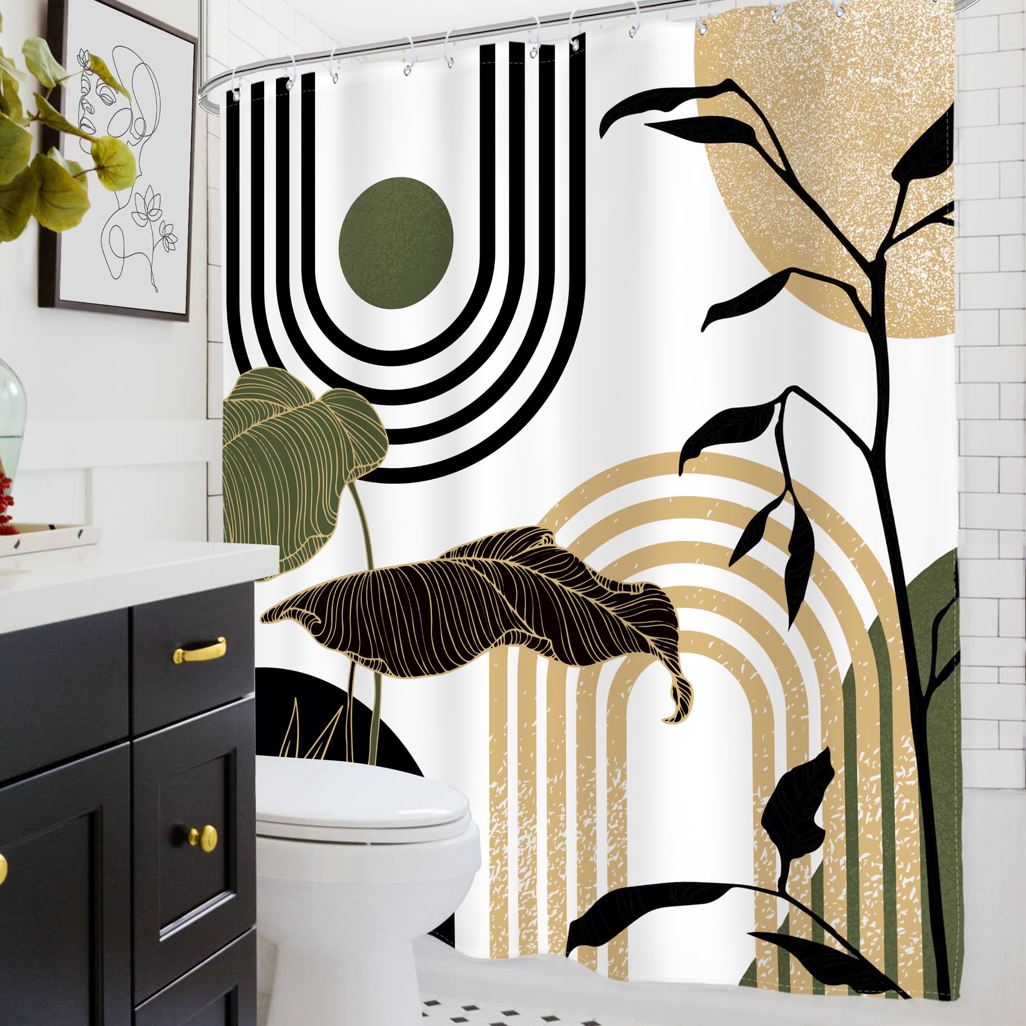 Glawry Green Gold Abstract Mid Century Shower Curtain Boho Retro Tropical Palm Sun Arch Minimalist Bathroom Modern Aesthetic Geo