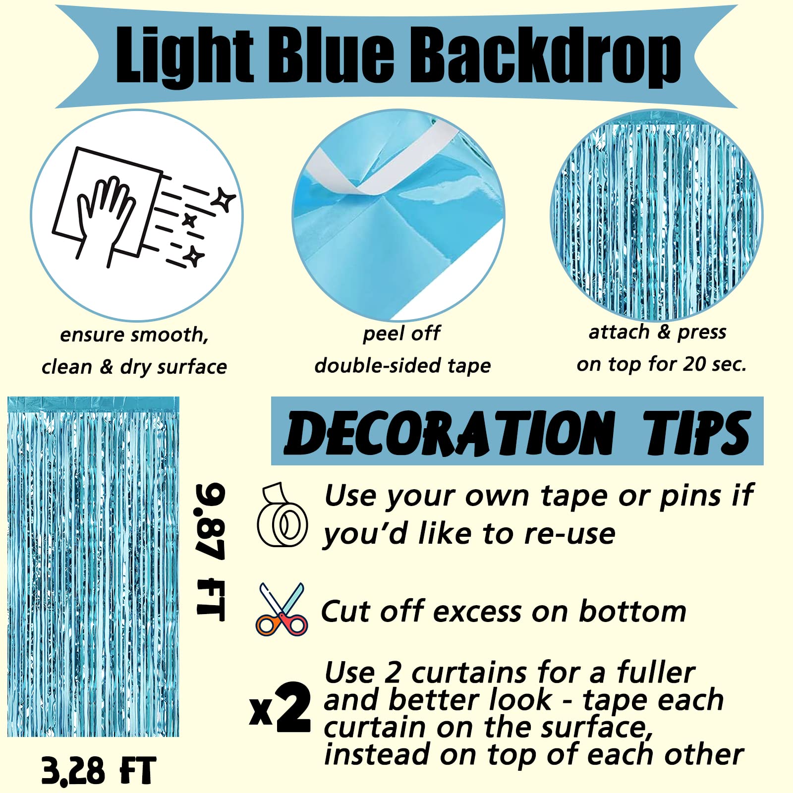 4 Pack Light Blue Fringe Curtain Backdrop  3.2Ft x 9.8Ft Metallic Tinsel Foil Fringe Streamers Curtains Background for Photo Booth Birthday Wedding Baby Shower Party Thanksgiving Christmas Decorations